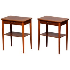 1960s Pair of Slim Scandinavian Mahogany Nightstands with Brass Handles