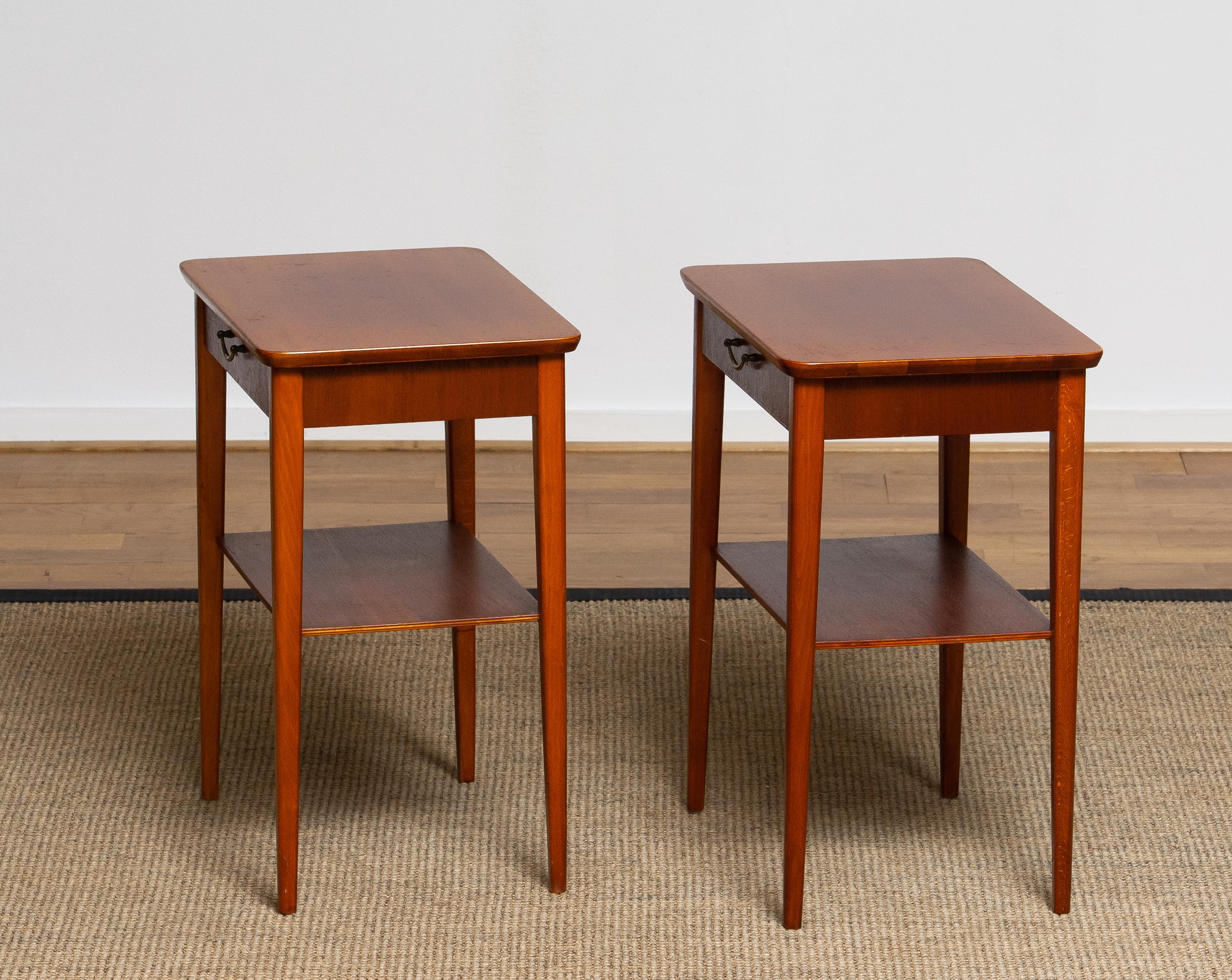 1960s Pair of Slim Scandinavian Mahogany Nightstands with Brass Handles 1