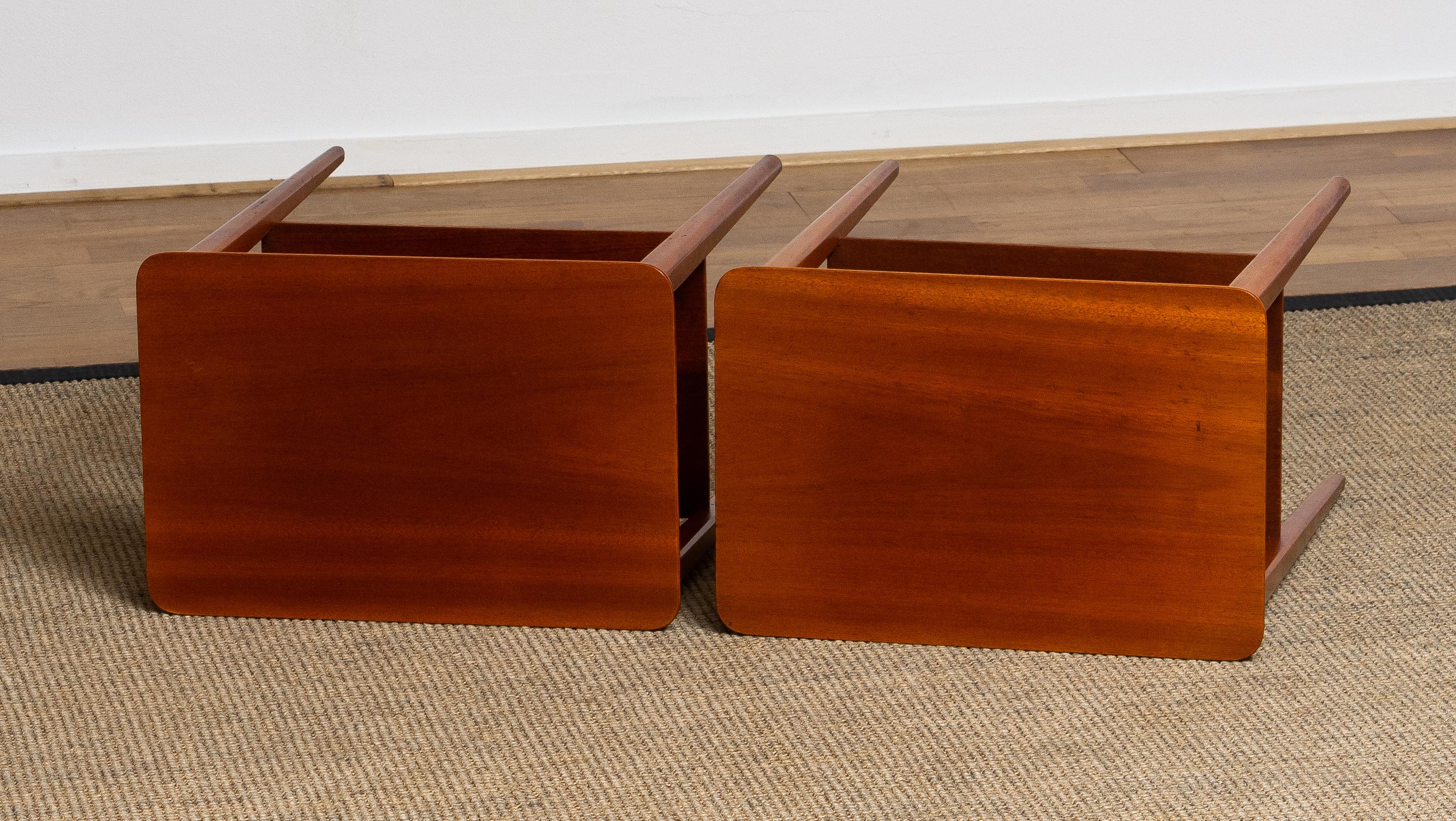 1960s Pair of Slim Scandinavian Mahogany Nightstands with Brass Handles 3