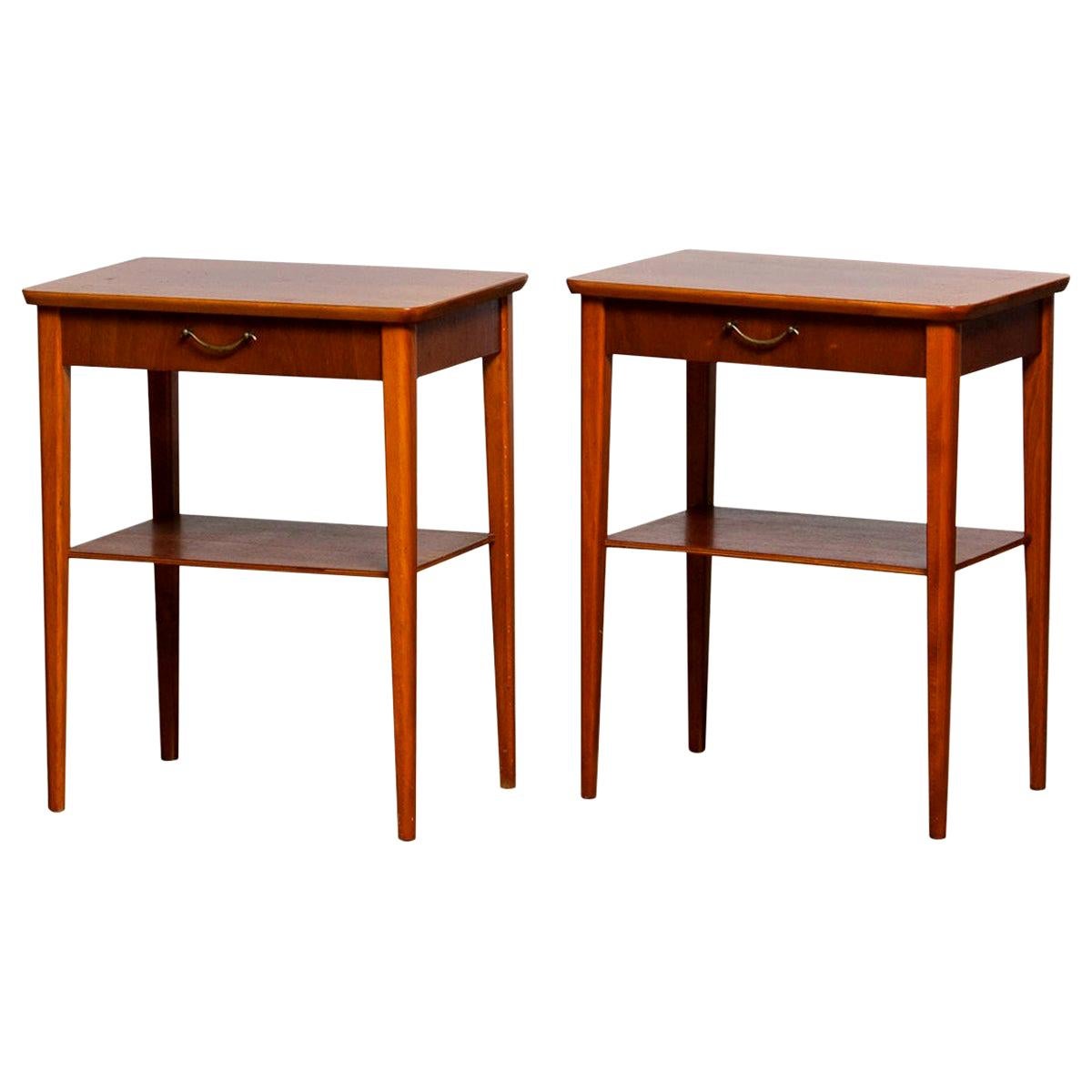 1960s Pair of Slim Scandinavian Mahogany Nightstands with Brass Handles