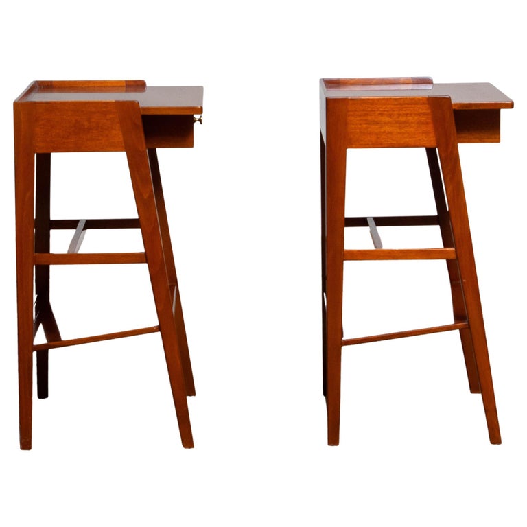 1960s Pair of Slim Tall Swedish Solid Nightstands / Bedside Tables For Sale