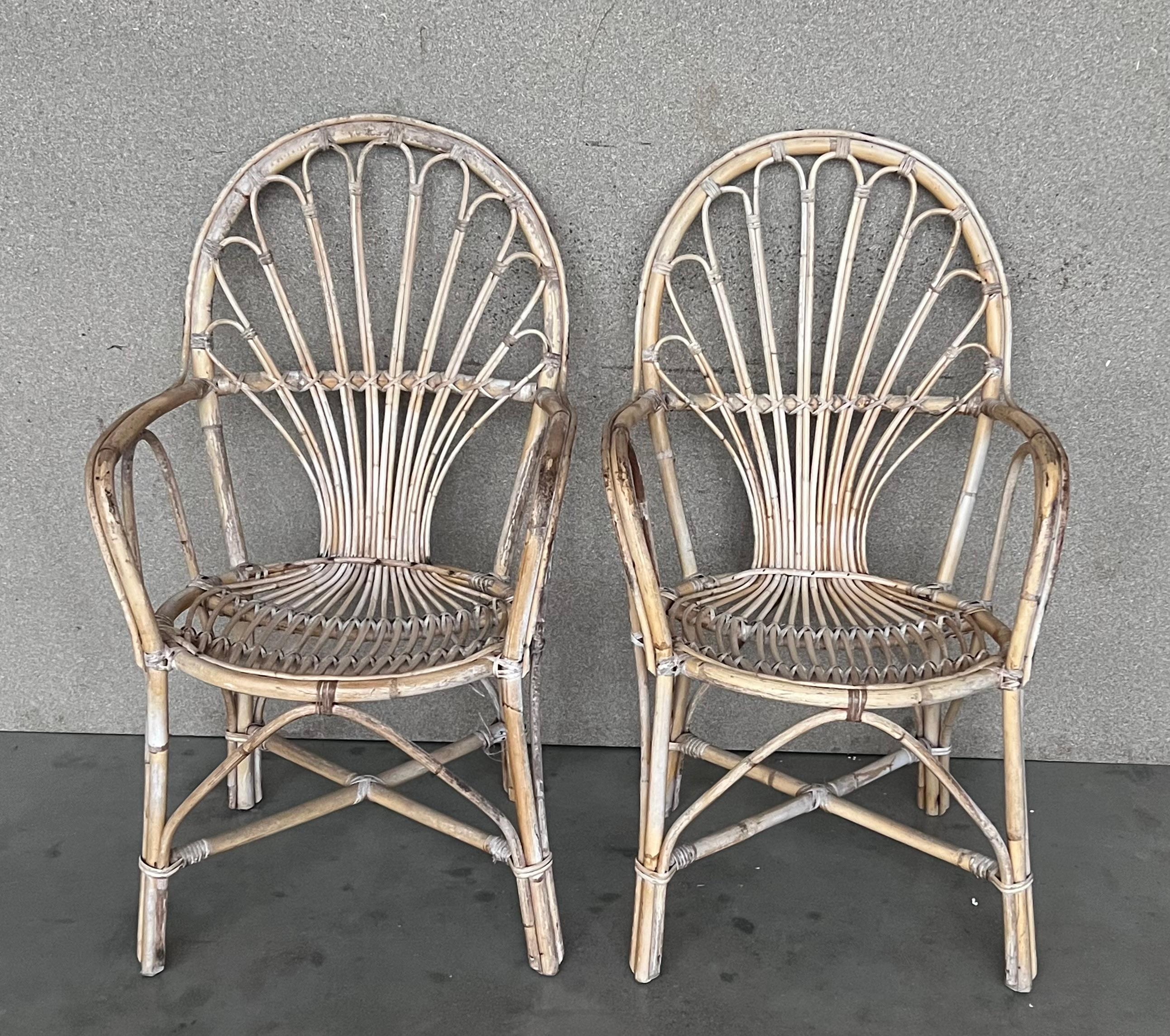 Mid-Century Modern 1960s Pair of Spanish Bamboo Armchairs with Ovaled Back Rest For Sale