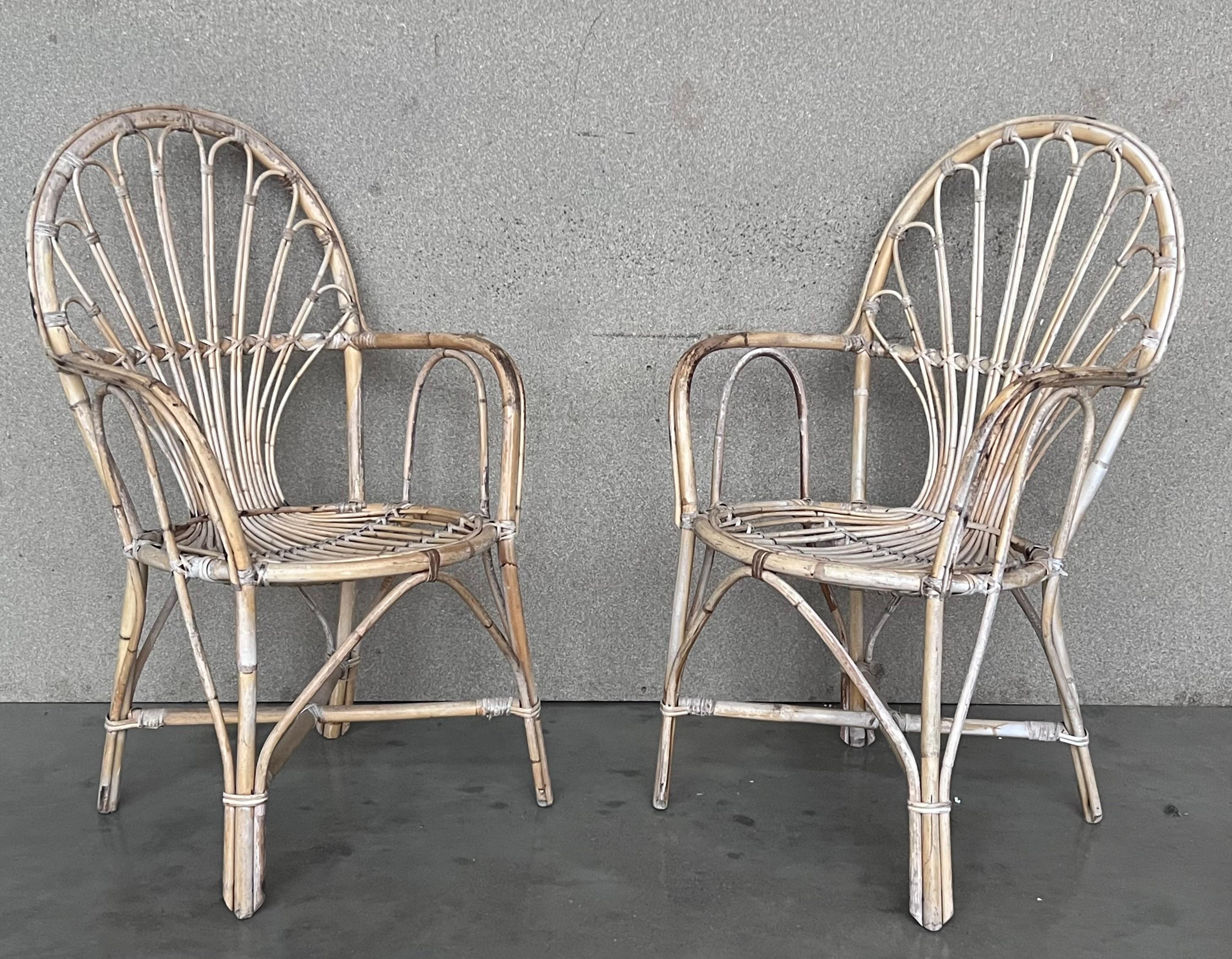 20th Century 1960s Pair of Spanish Bamboo Armchairs with Ovaled Back Rest For Sale