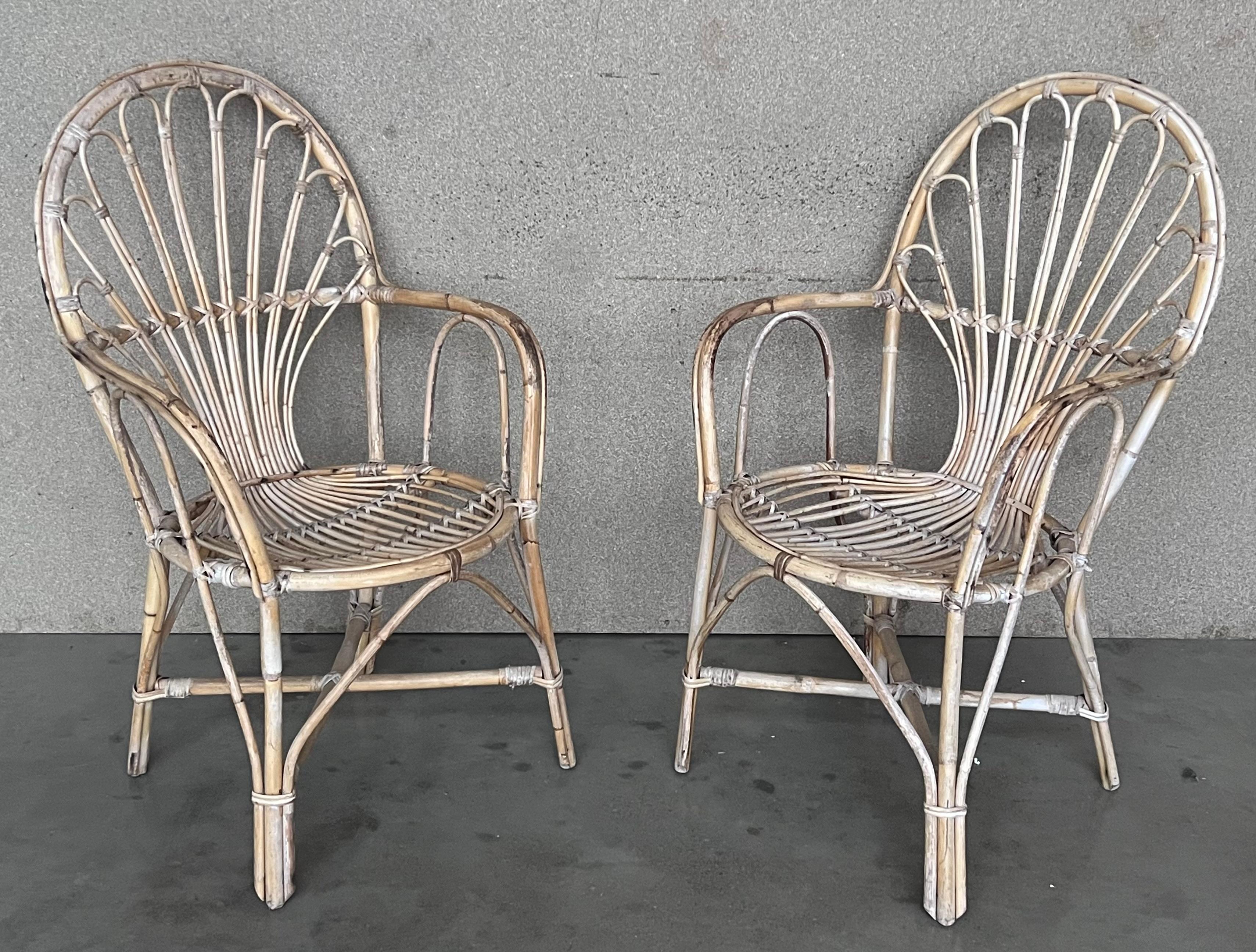 Rattan 1960s Pair of Spanish Bamboo Armchairs with Ovaled Back Rest For Sale