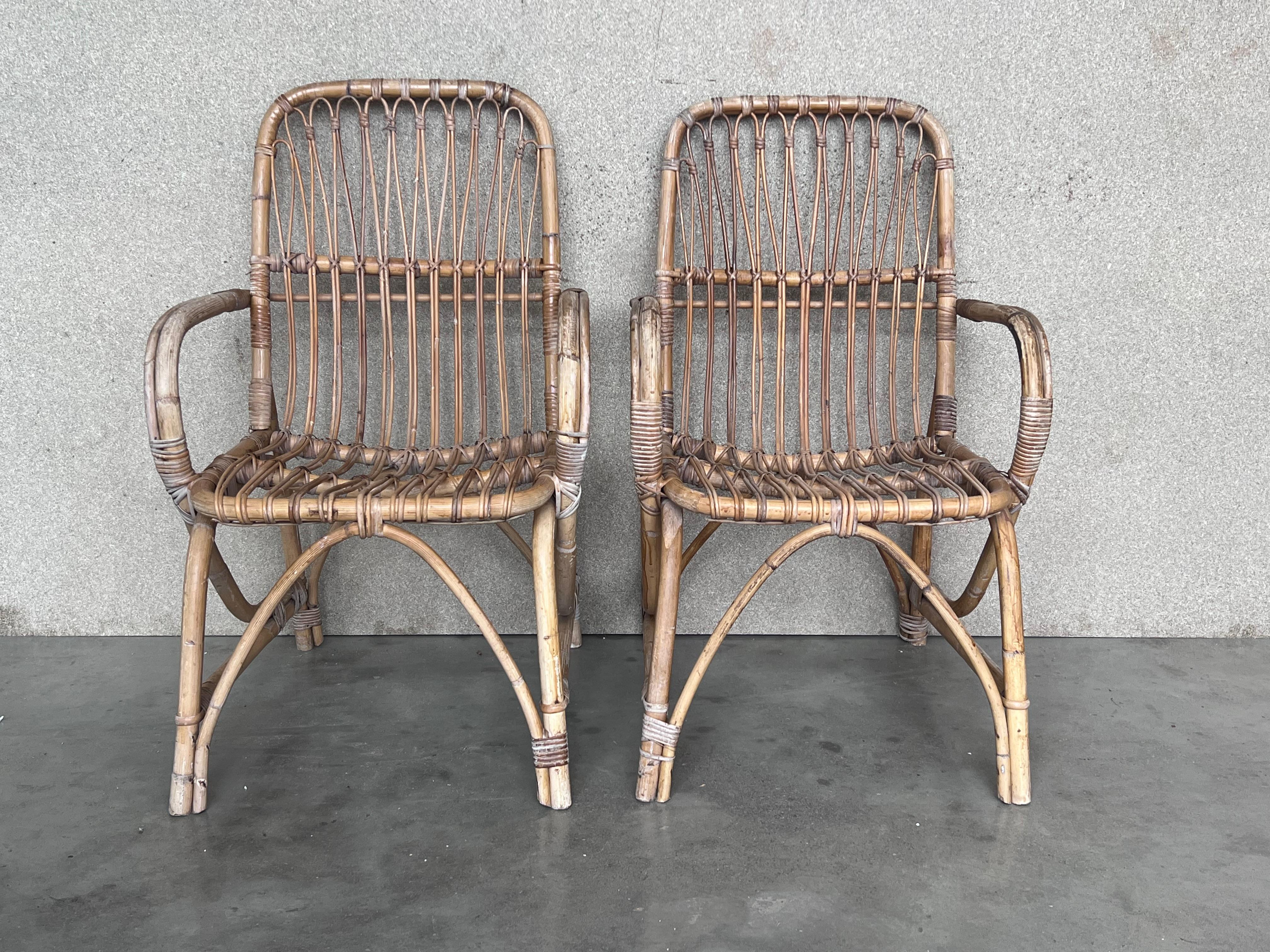 Mid-Century Modern 1960s Pair of Spanish Bamboo Armchairs with Rectangular Back Rest For Sale