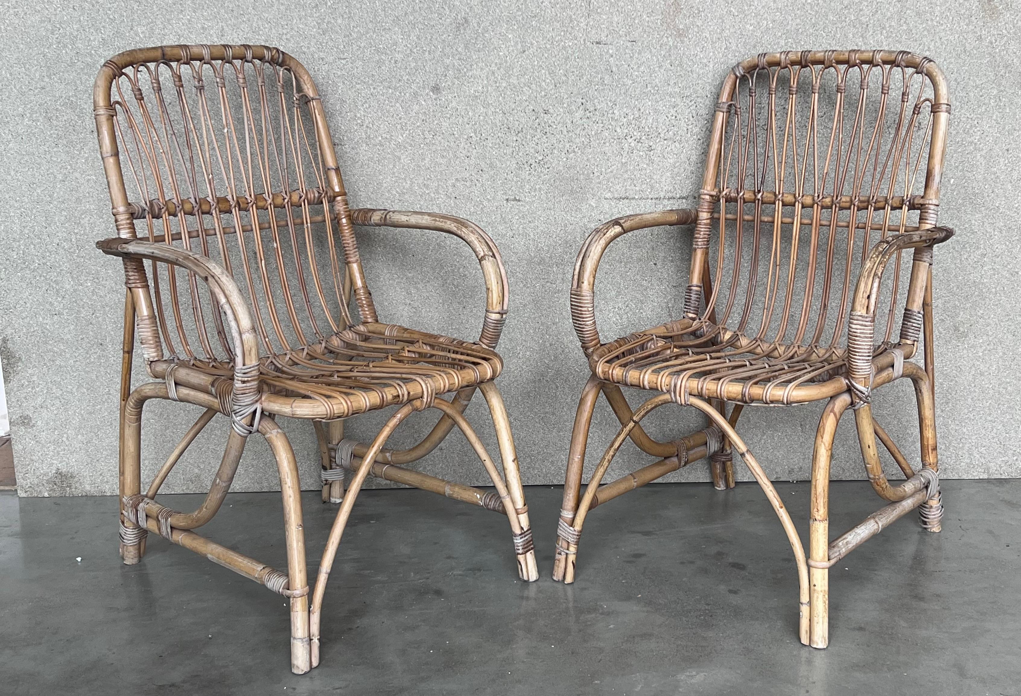 1960s Pair of Spanish Bamboo Armchairs with Rectangular Back Rest In Good Condition For Sale In Miami, FL