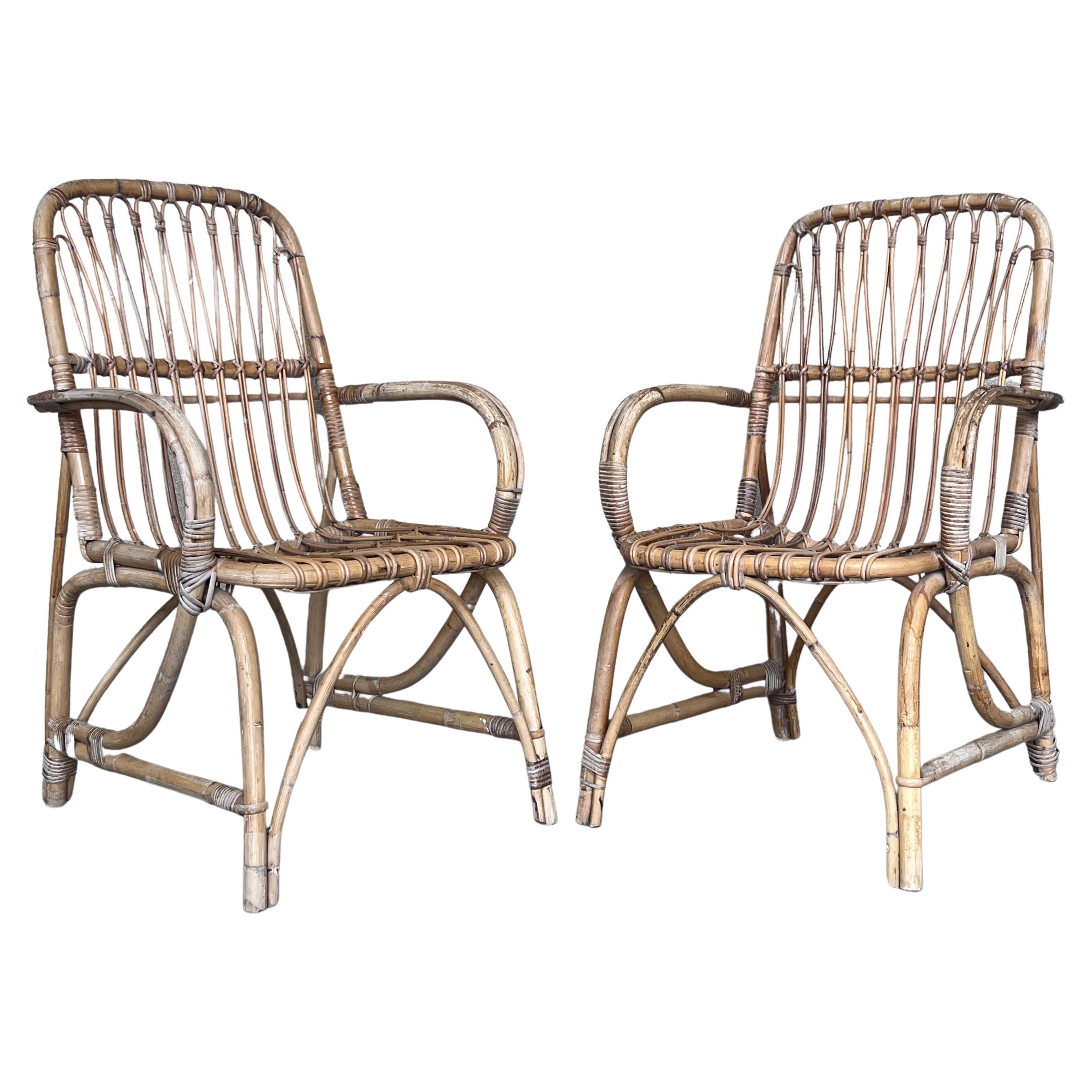 1960s Pair of Spanish Bamboo Armchairs with Rectangular Back Rest For Sale