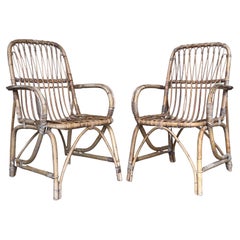 Retro 1960s Pair of Spanish Bamboo Armchairs with Rectangular Back Rest