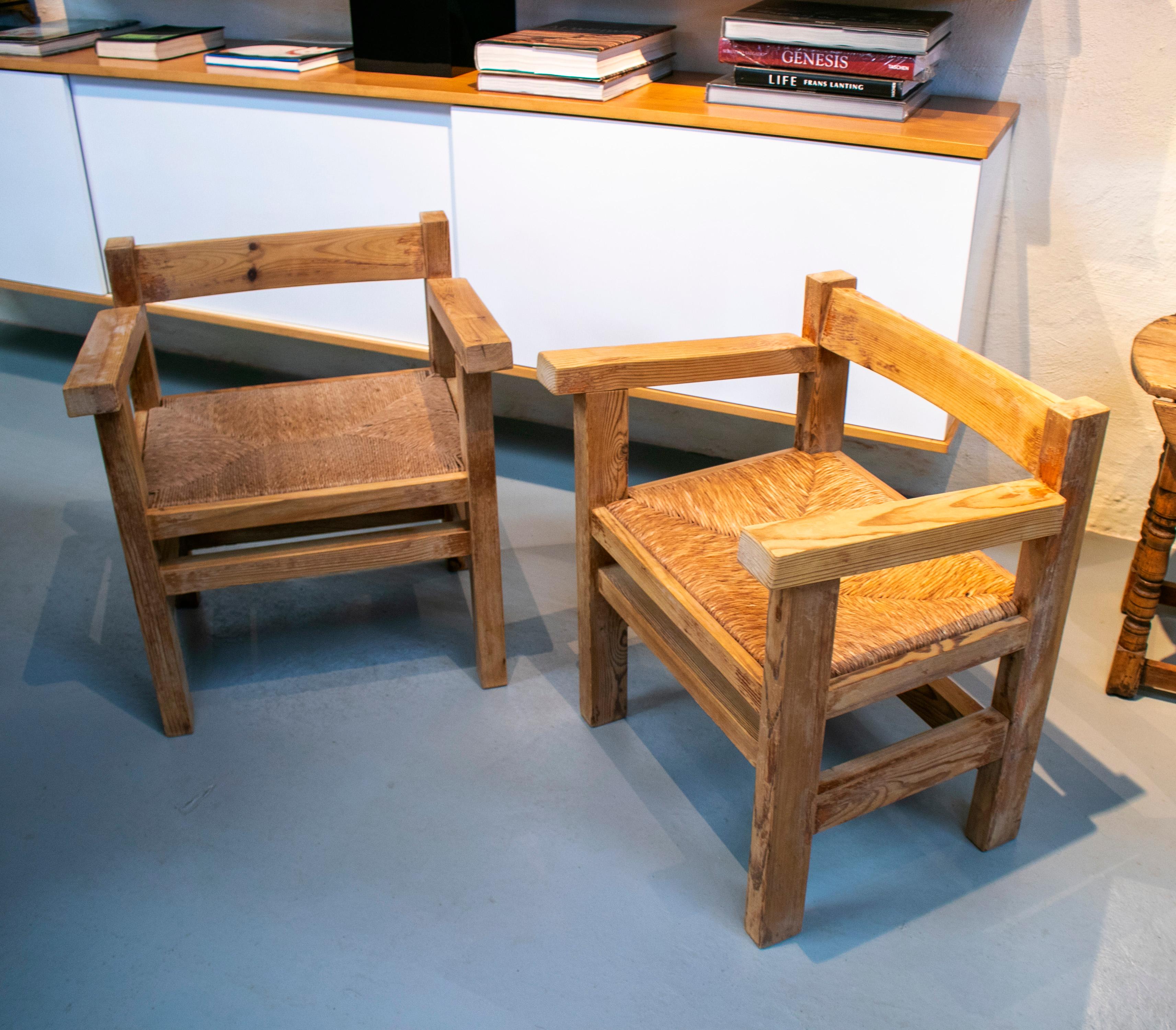 1960s pair of Spanish washed wood armchairs with 