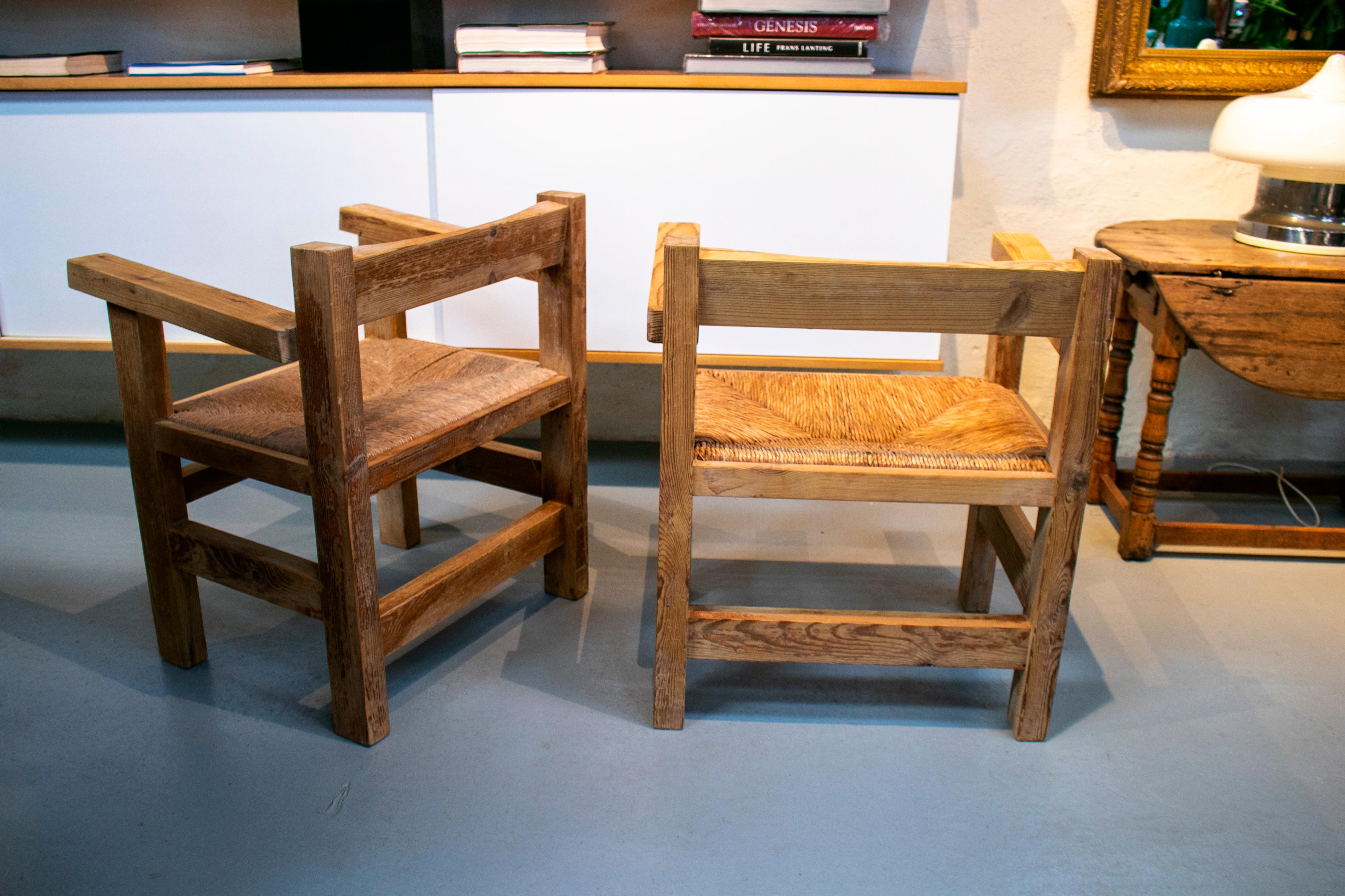 1960s Pair of Spanish Washed Wood Armchairs with 