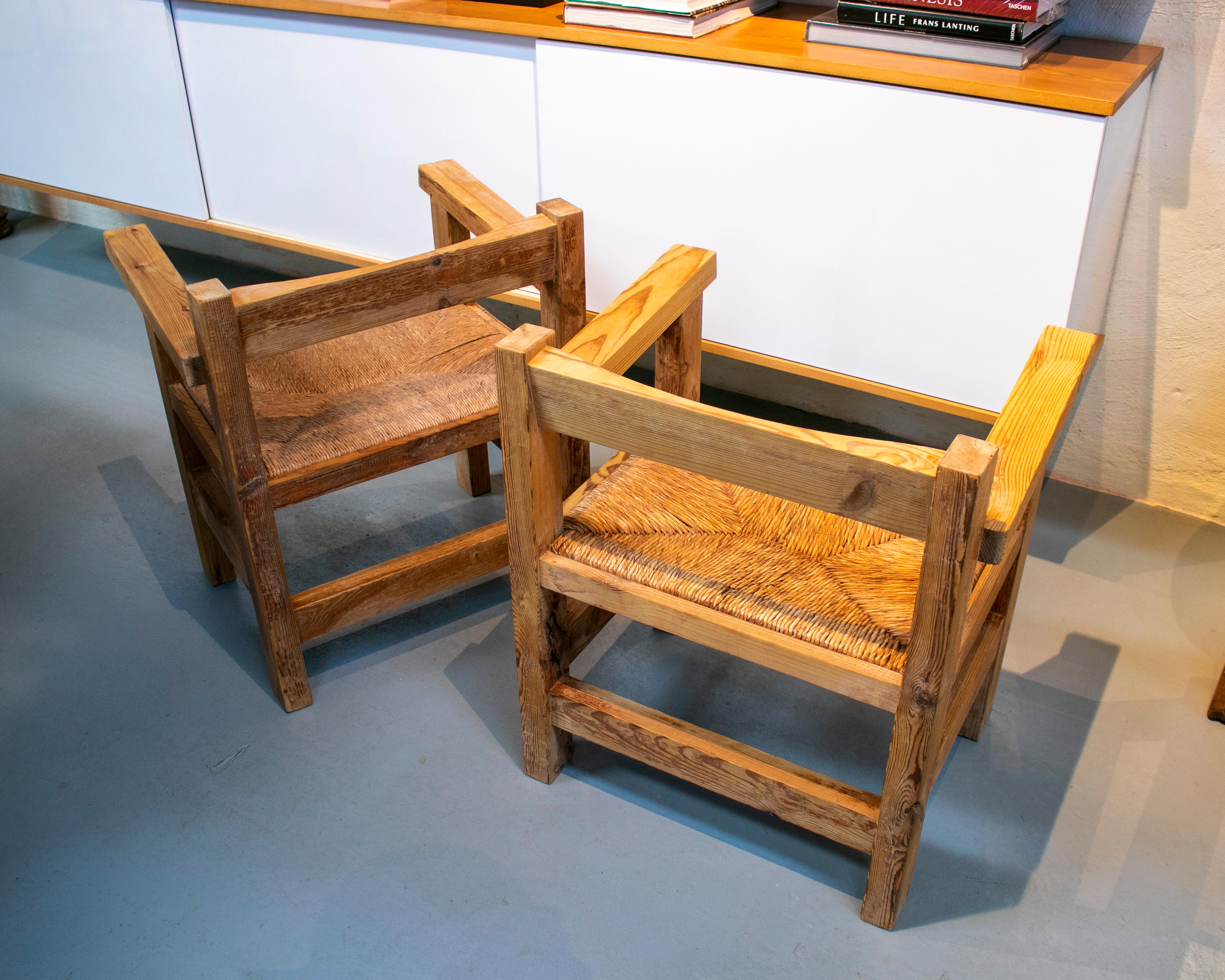 1960s Pair of Spanish Washed Wood Armchairs with 