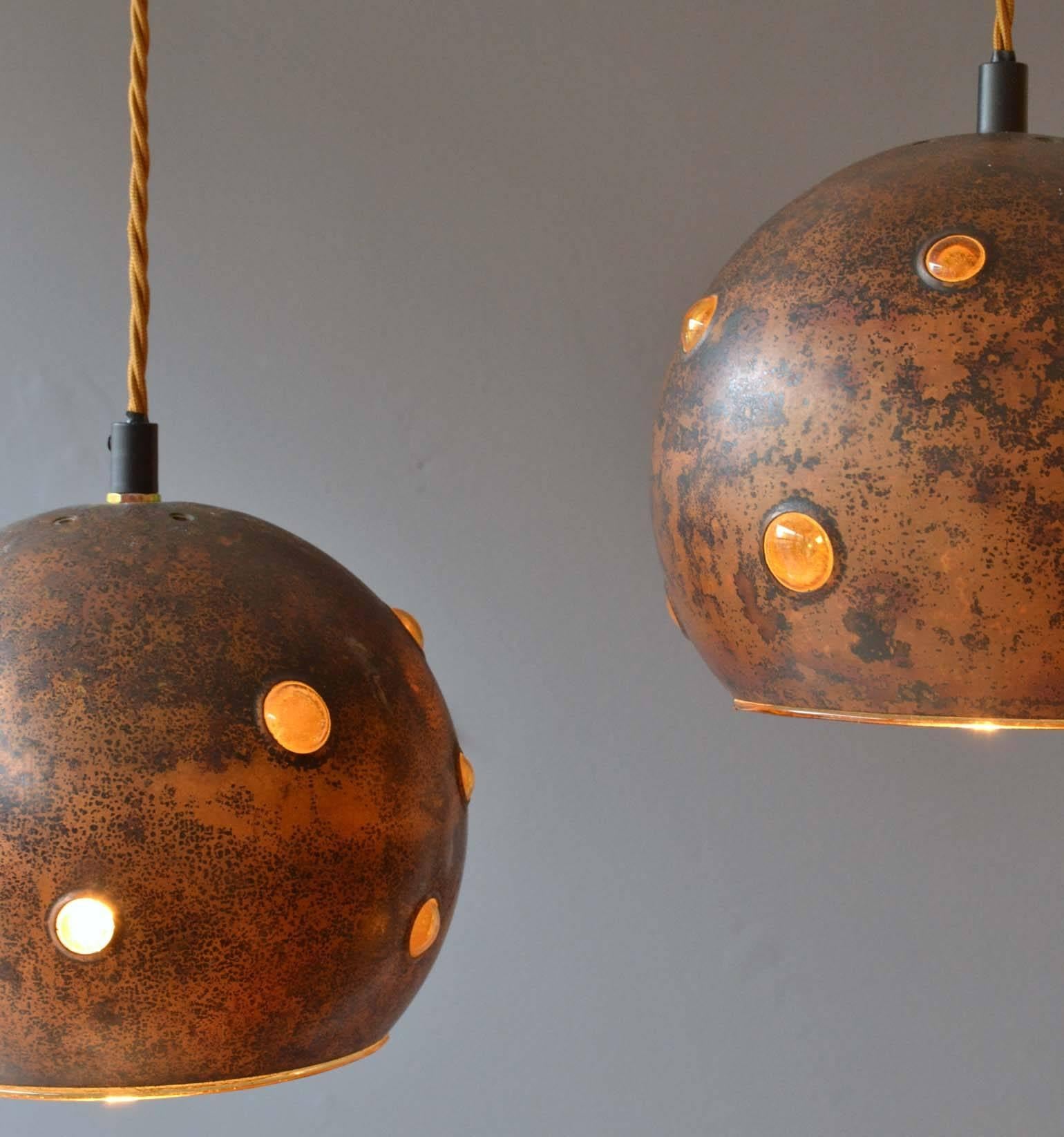 Scandinavian Modern Pair of Copper and Yellow Glass Pendant Lamps by Nanny Still