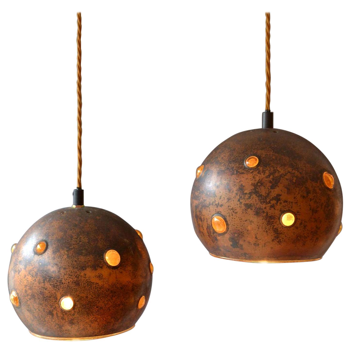 Pair of Copper and Yellow Glass Pendant Lamps by Nanny Still
