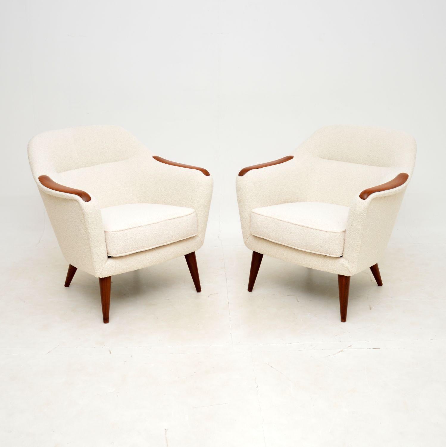 A very stylish, comfortable and extremely well made pair of vintage Swedish armchairs. They were recently imported from Sweden, they date from the 1960’s.

The quality is outstanding, they have beautiful teak armrests and sit on beautifully tapered