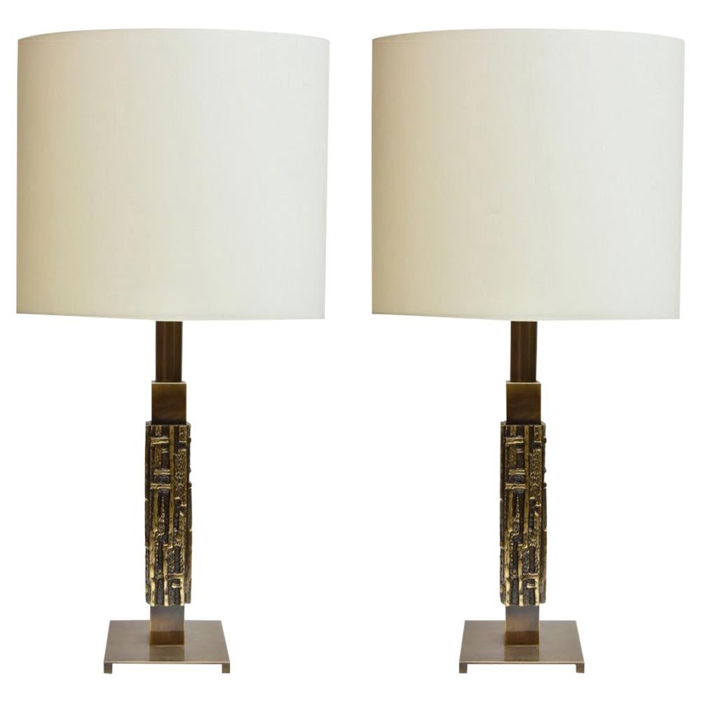 1960s Pair of Table Lamps Brass with Cream Shades Italian Design by L. Friggerio