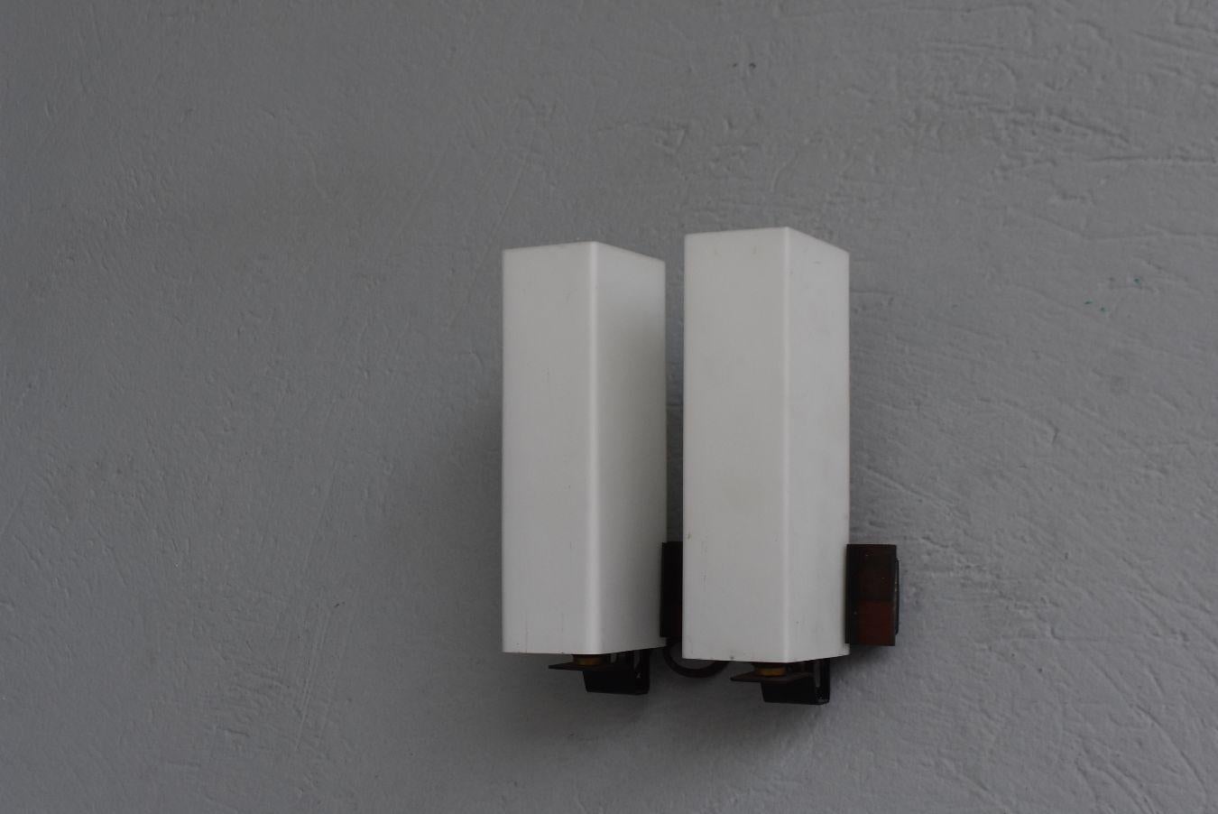 French 1960s Pair of Teak and Opaline Wall Lights For Sale