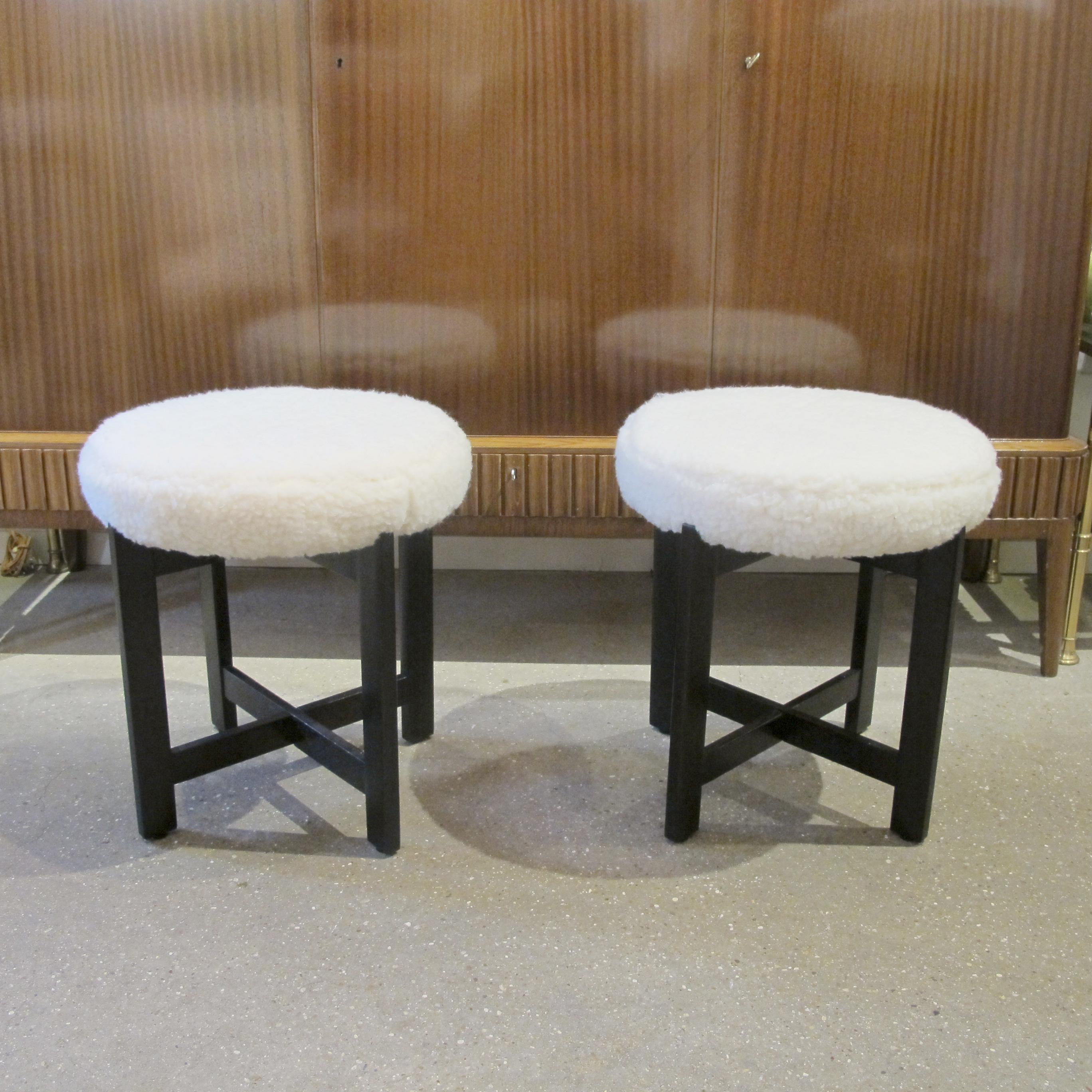 1960s Pair of Teak Frame Stools Newly Upholstered, Scandinavian In Good Condition For Sale In London, GB