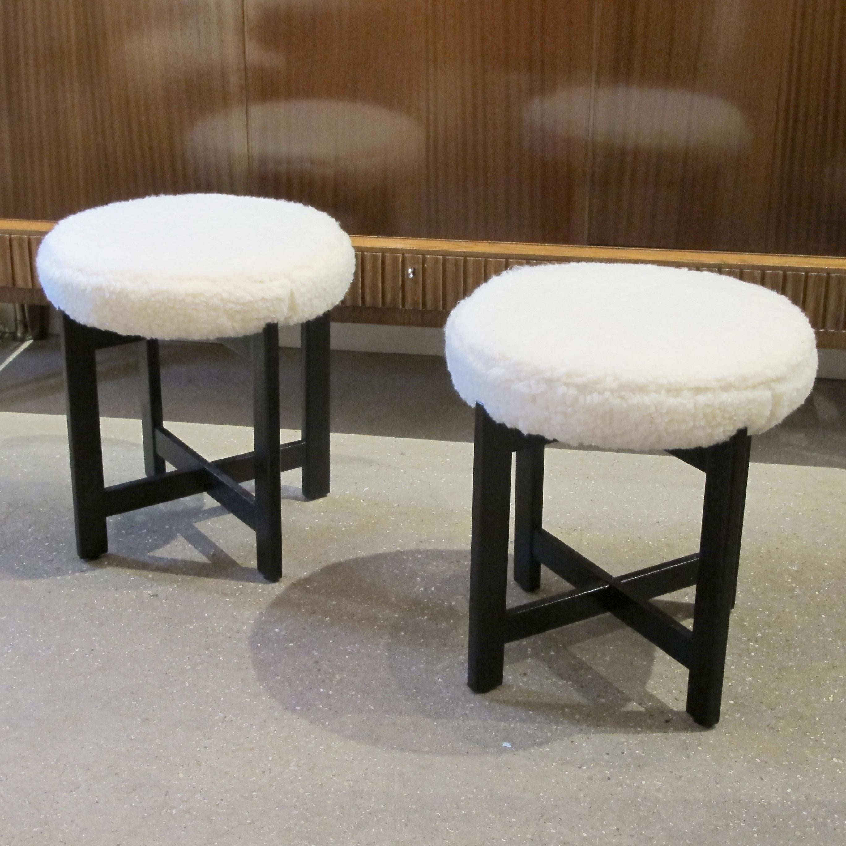Mid-20th Century 1960s Pair of Teak Frame Stools Newly Upholstered, Scandinavian For Sale