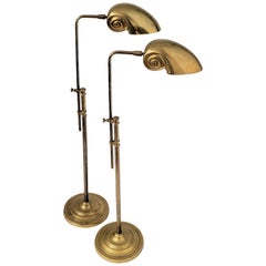 1960s Pair of Thick Casted Brass Conch Shade Adjustable Floor Lamp, USA