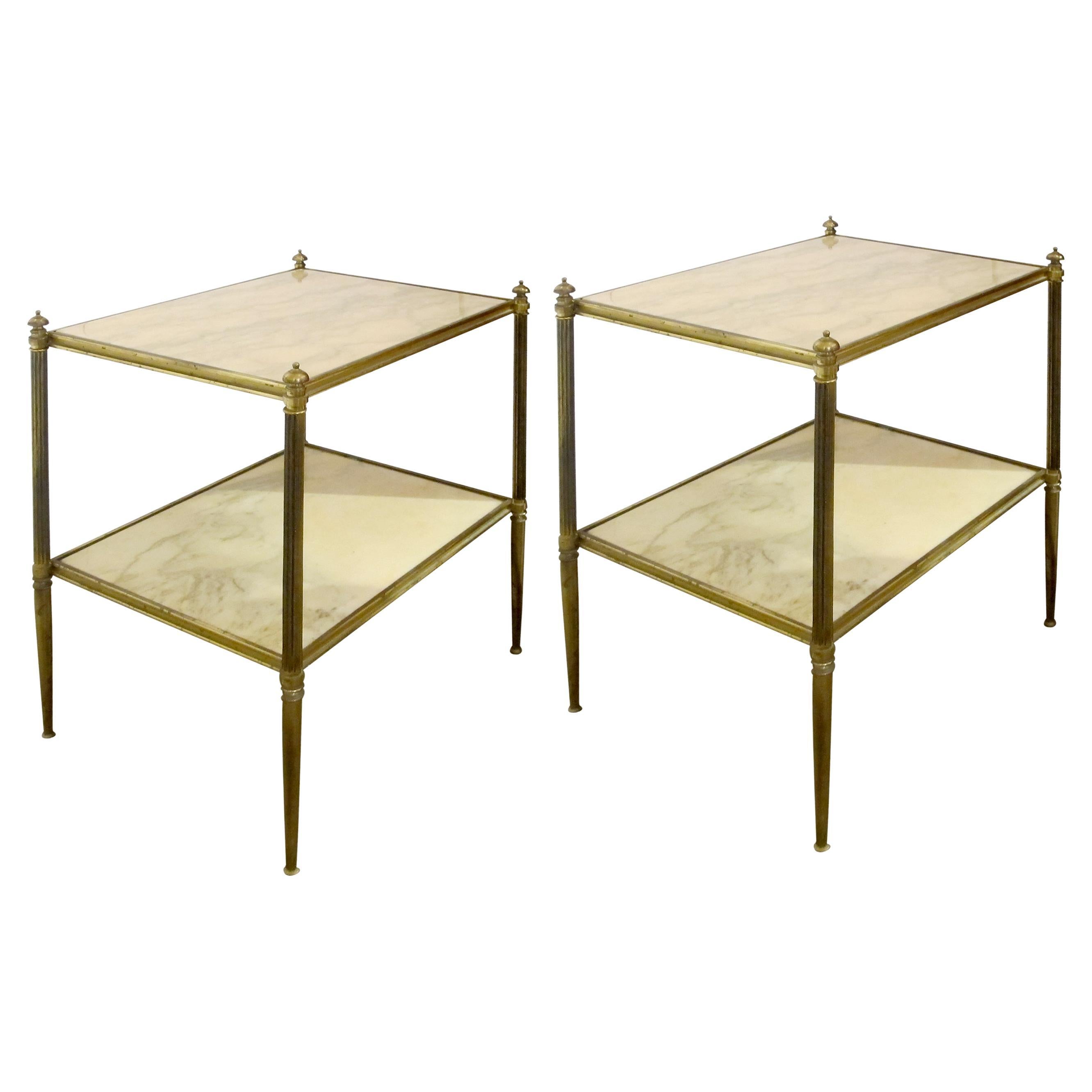 1960s Pair of Two Tiers Cream Marble Side Tables in the Style of Maison Bagues For Sale