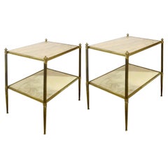 Vintage 1960s Pair of Two Tiers Cream Marble Side Tables in the Style of Maison Bagues