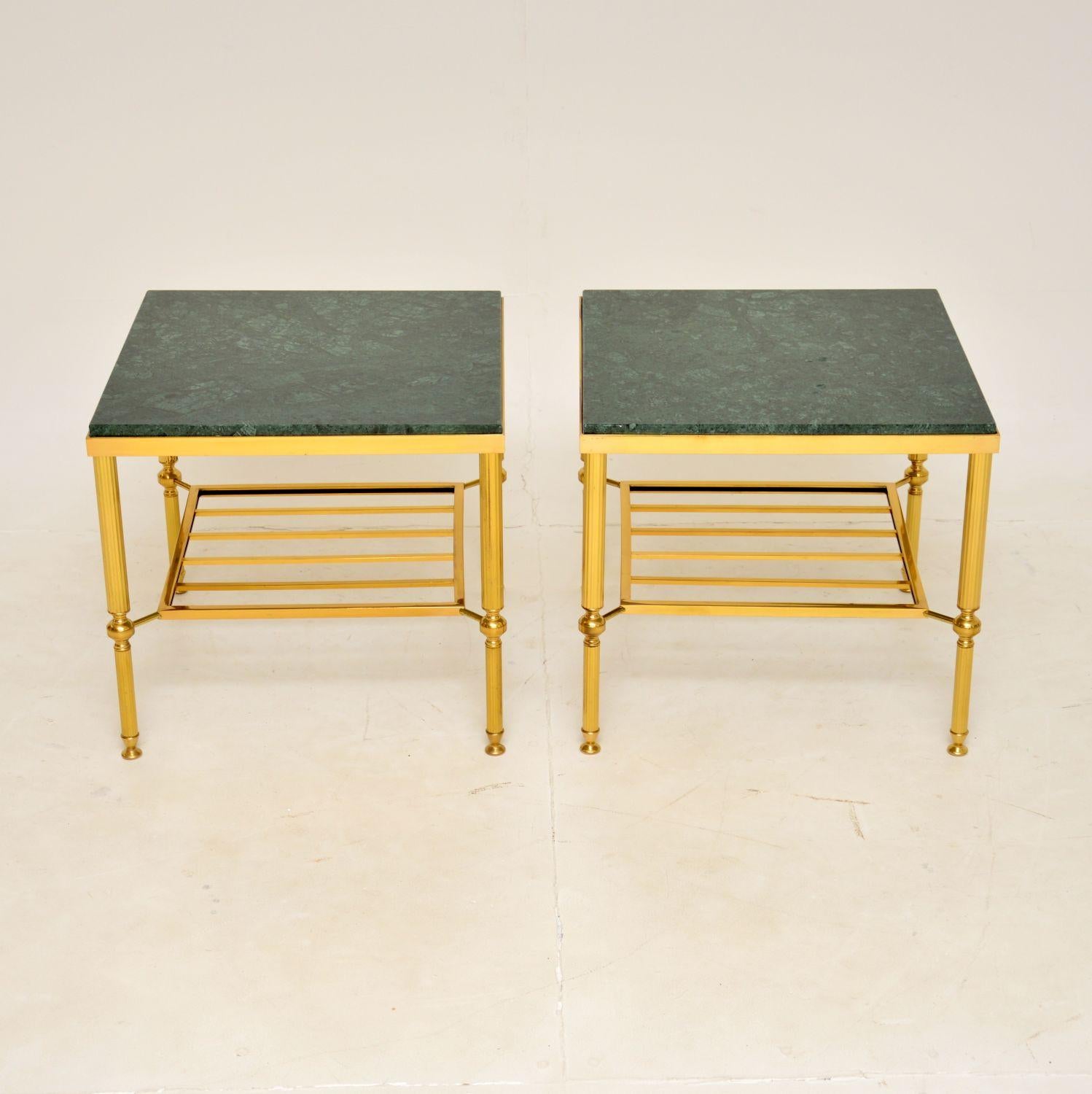 A stylish and extremely well made pair of vintage brass and marble side tables. They were made in Italy, and date from the 1960-70’s.

The quality is fantastic, they are a very useful size with a handy lower tier. We have had the green marble tops