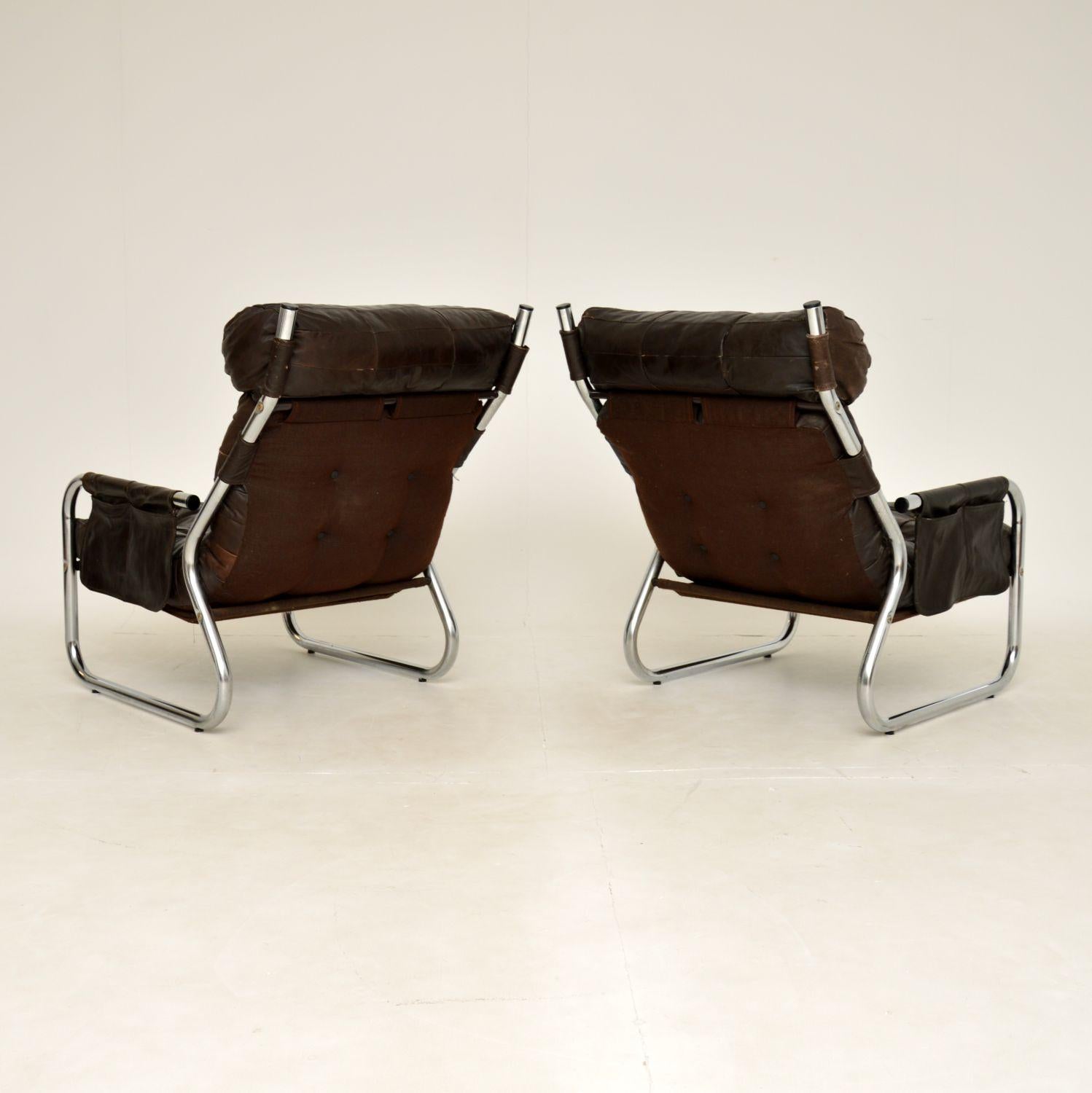1960's Pair of Vintage Danish Leather & Chrome Armchairs 8