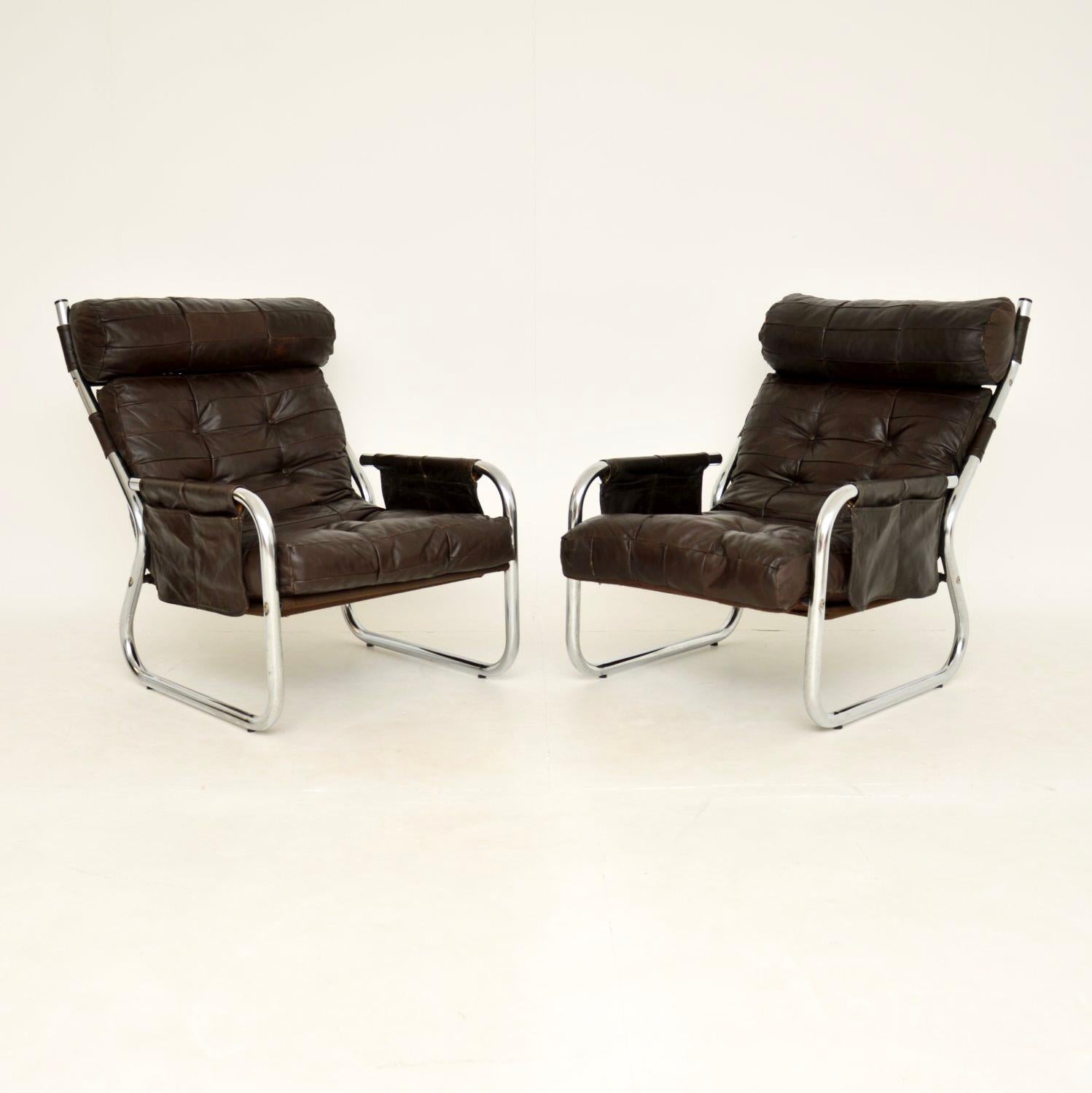 A stylish and extremely comfortable pair of vintage Danish armchairs in leather and chrome. These were recently imported from Denmark, they date from the 1960-1970’s.

The quality is excellent, with nicely shaped thick tubular steel frames and