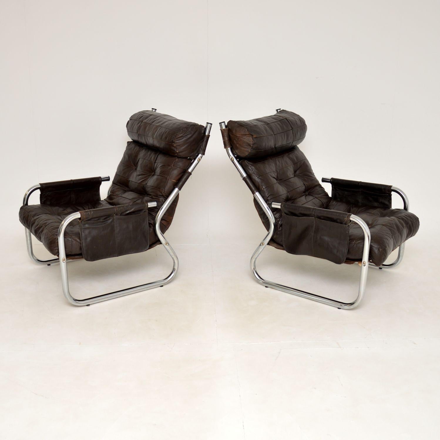 Mid-Century Modern 1960's Pair of Vintage Danish Leather & Chrome Armchairs