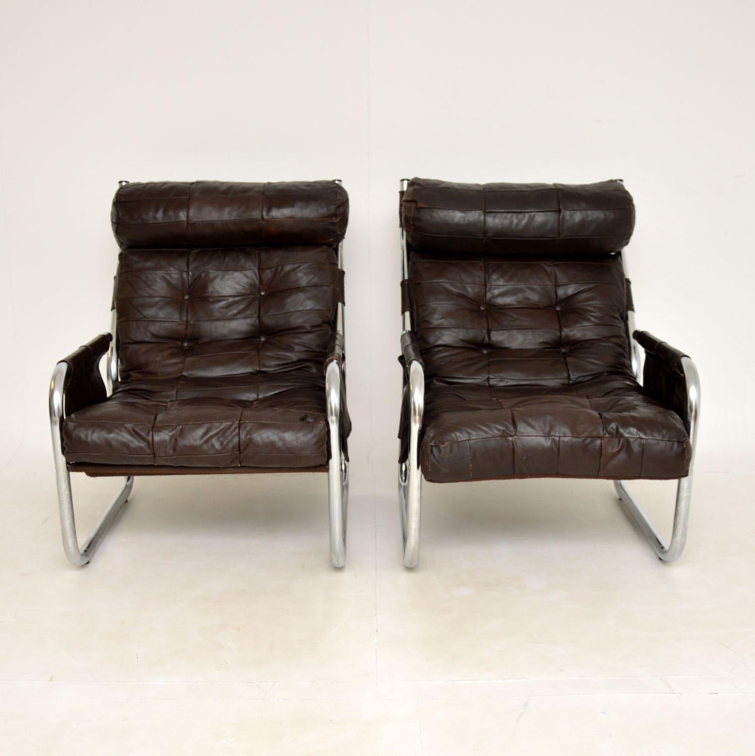 1960's Pair of Vintage Danish Leather & Chrome Armchairs In Good Condition In London, GB