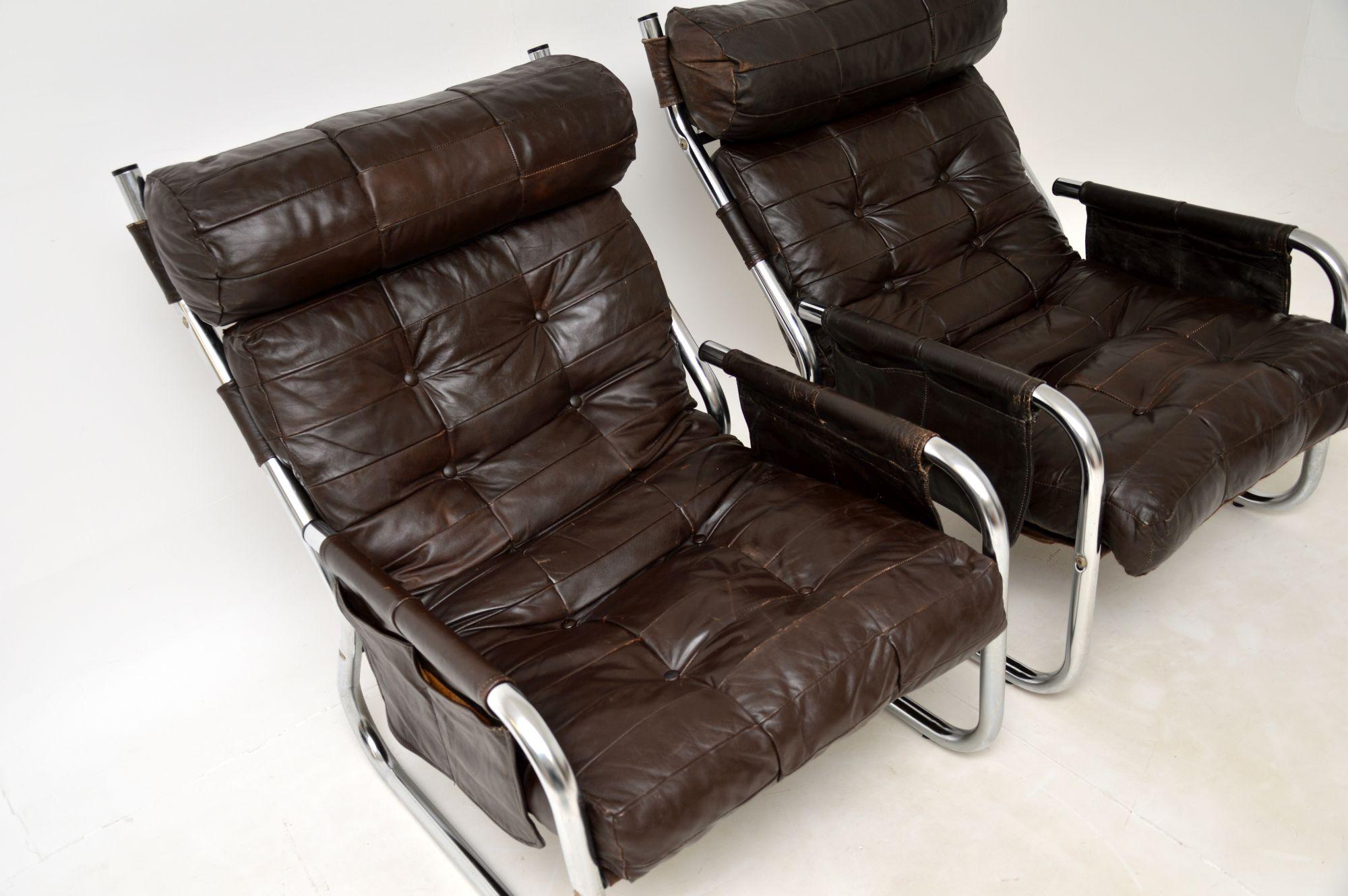 1960's Pair of Vintage Danish Leather & Chrome Armchairs 2
