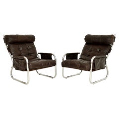 1960's Pair of Vintage Danish Leather & Chrome Armchairs