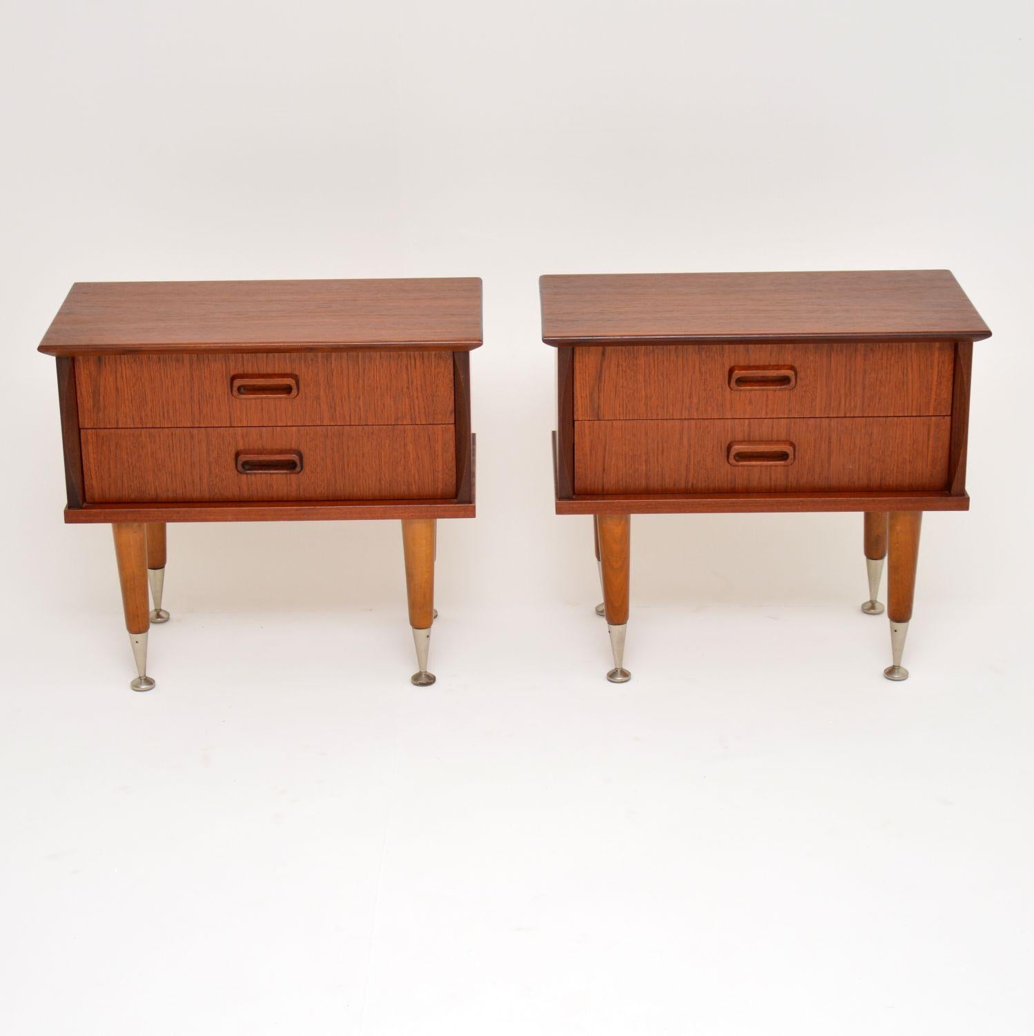 A very smart and useful pair of vintage bedside chests in teak, these were made in Denmark, circa 1960s. The condition overall is great, these are clean and have very little wear to be seen.

Measures: Width 55 cm, 22 inches
Depth 30 cm, 12