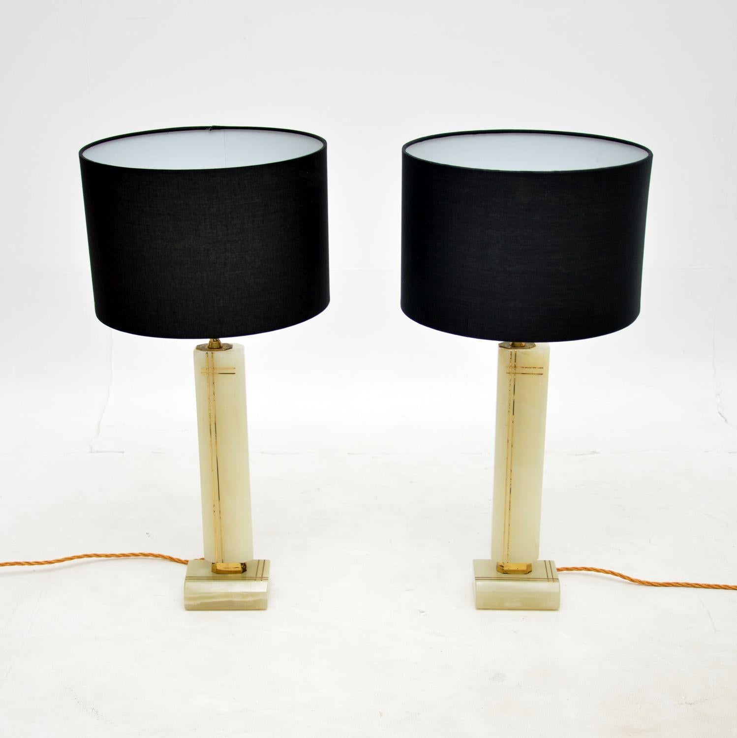 Mid-Century Modern 1960's Pair of Vintage French Onyx & Brass Table Lamps