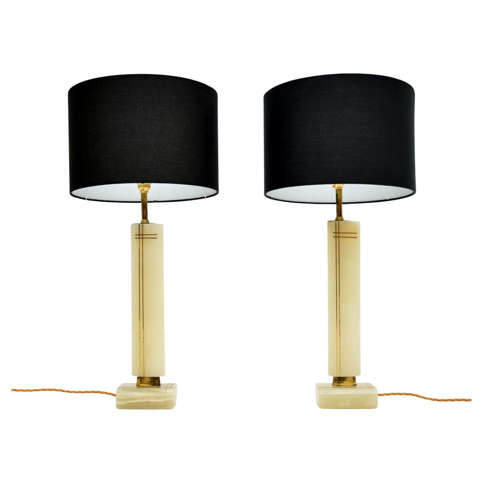 1960's Pair of Vintage French Onyx & Brass Table Lamps