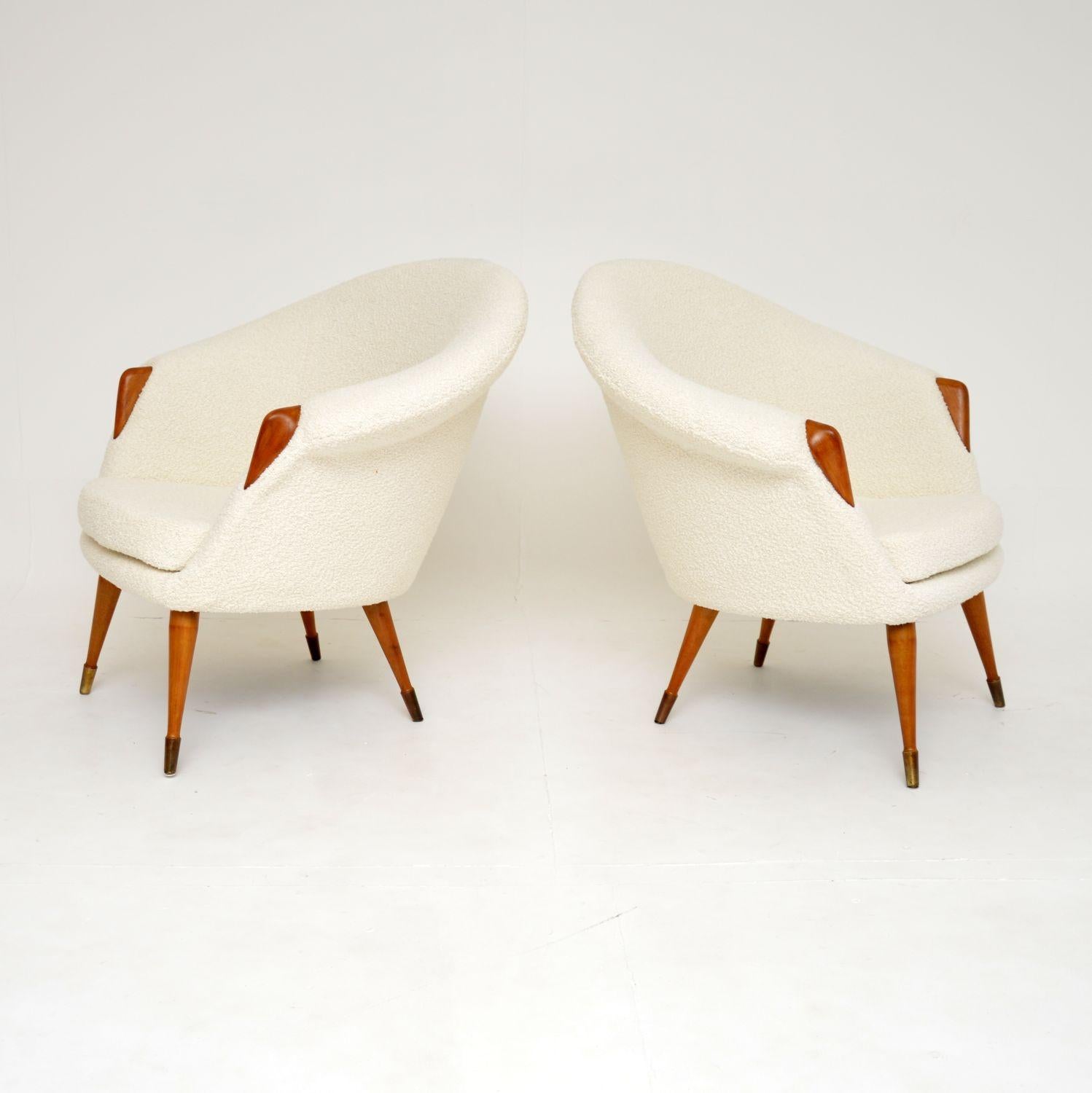 Mid-Century Modern 1960's Pair of Vintage Teak & Boucle Armchairs