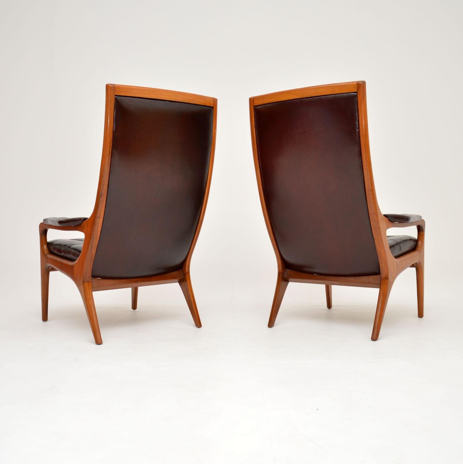 British 1960’s Pair of Vintage Walnut & Leather Armchairs by Howard Keith