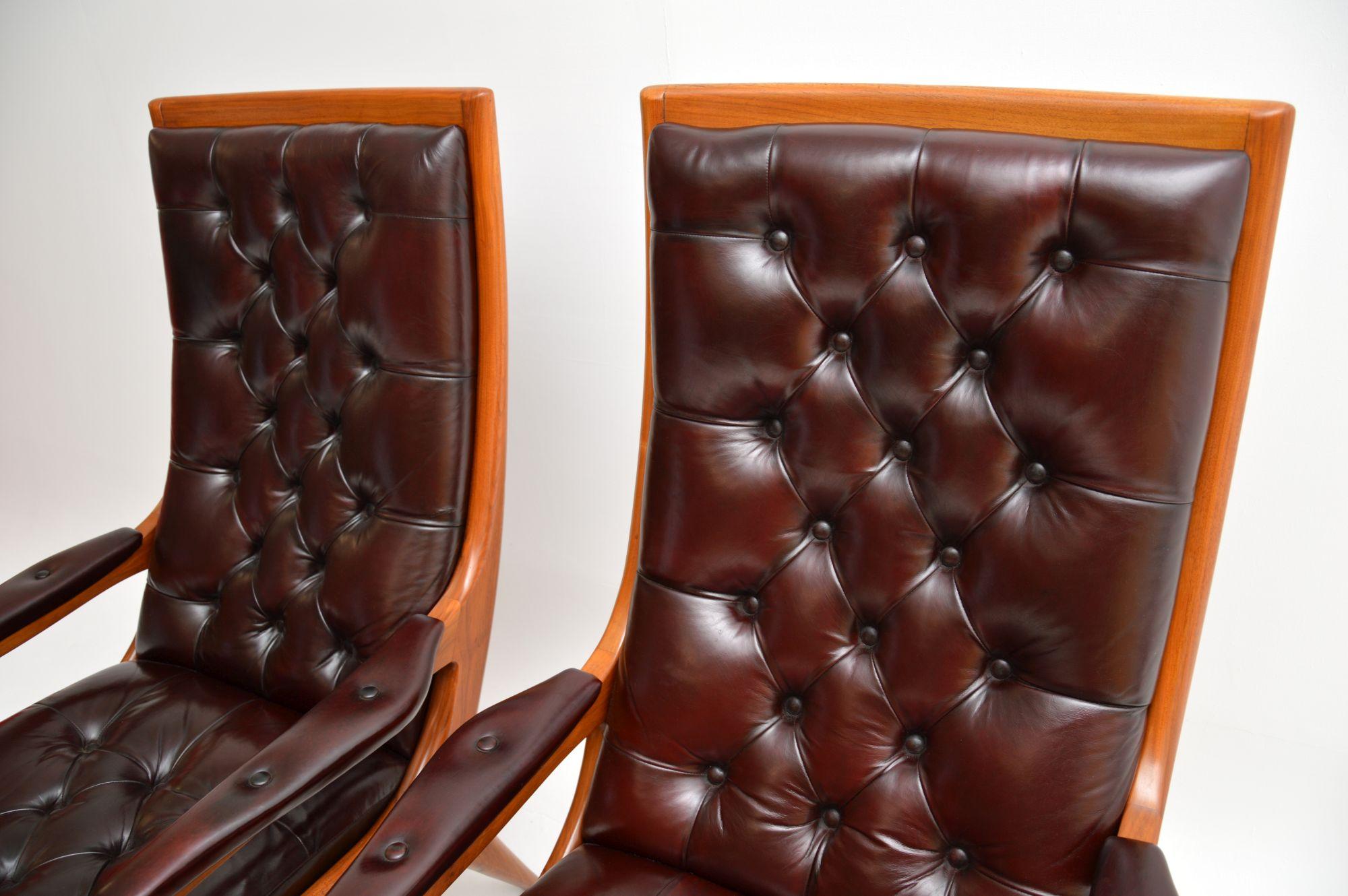 Mid-20th Century 1960’s Pair of Vintage Walnut & Leather Armchairs by Howard Keith