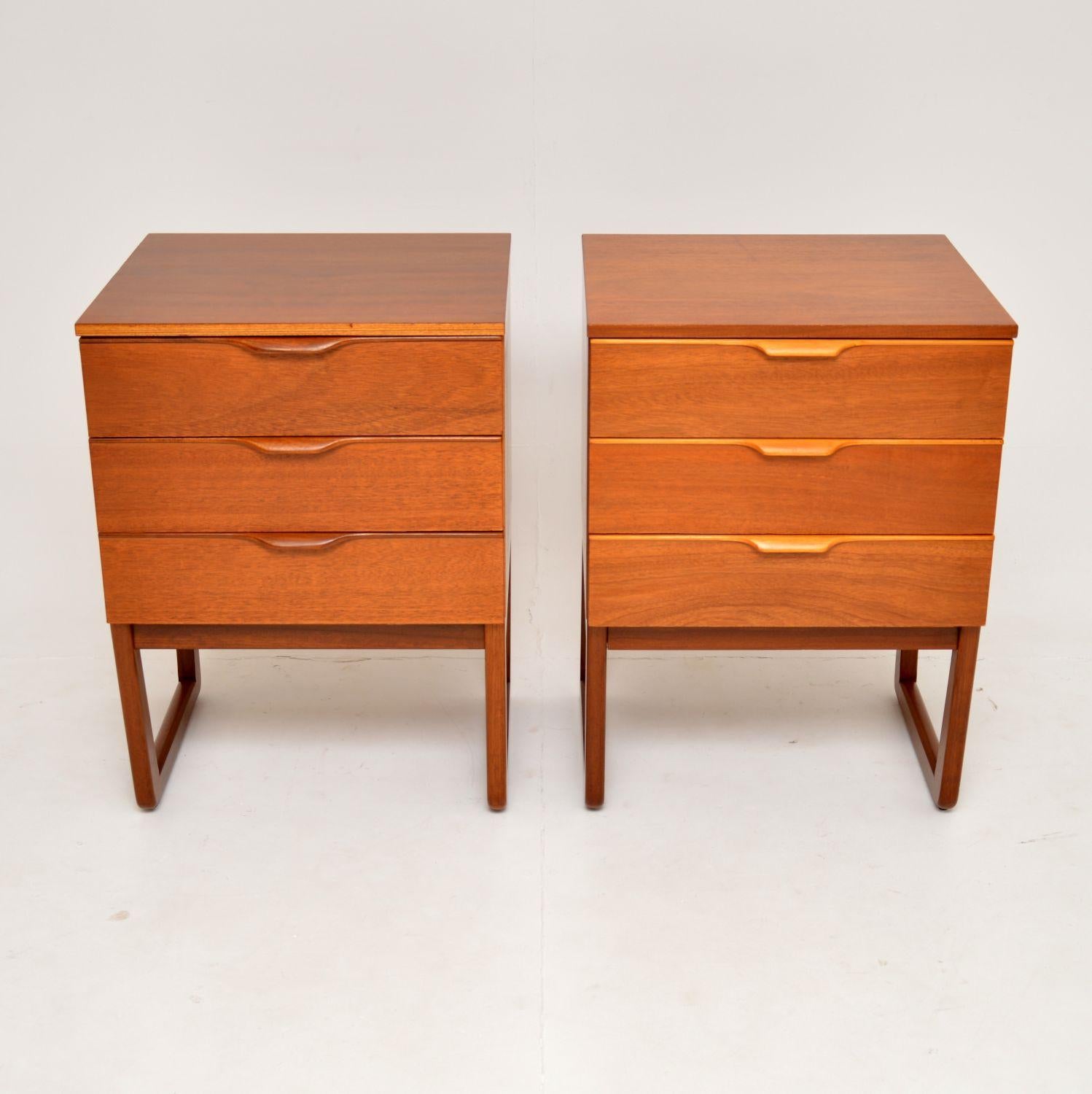 A stylish and extremely well made pair of vintage bedside chests of drawers. They were made in England, and date from around the 1960’s.

They are a great size with lots of storage space, and are nicely finished on the backs as well, so can be