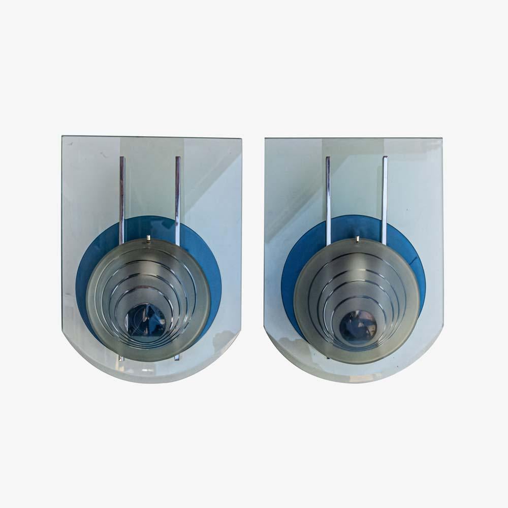 Metal 1960s Pair of Wall Lights Glass and Chrome Italian Attributed to Fontana Arte For Sale