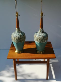 1960s Pair of Walnut and Turquoise Ceramic Drip Glaze Table Lamps