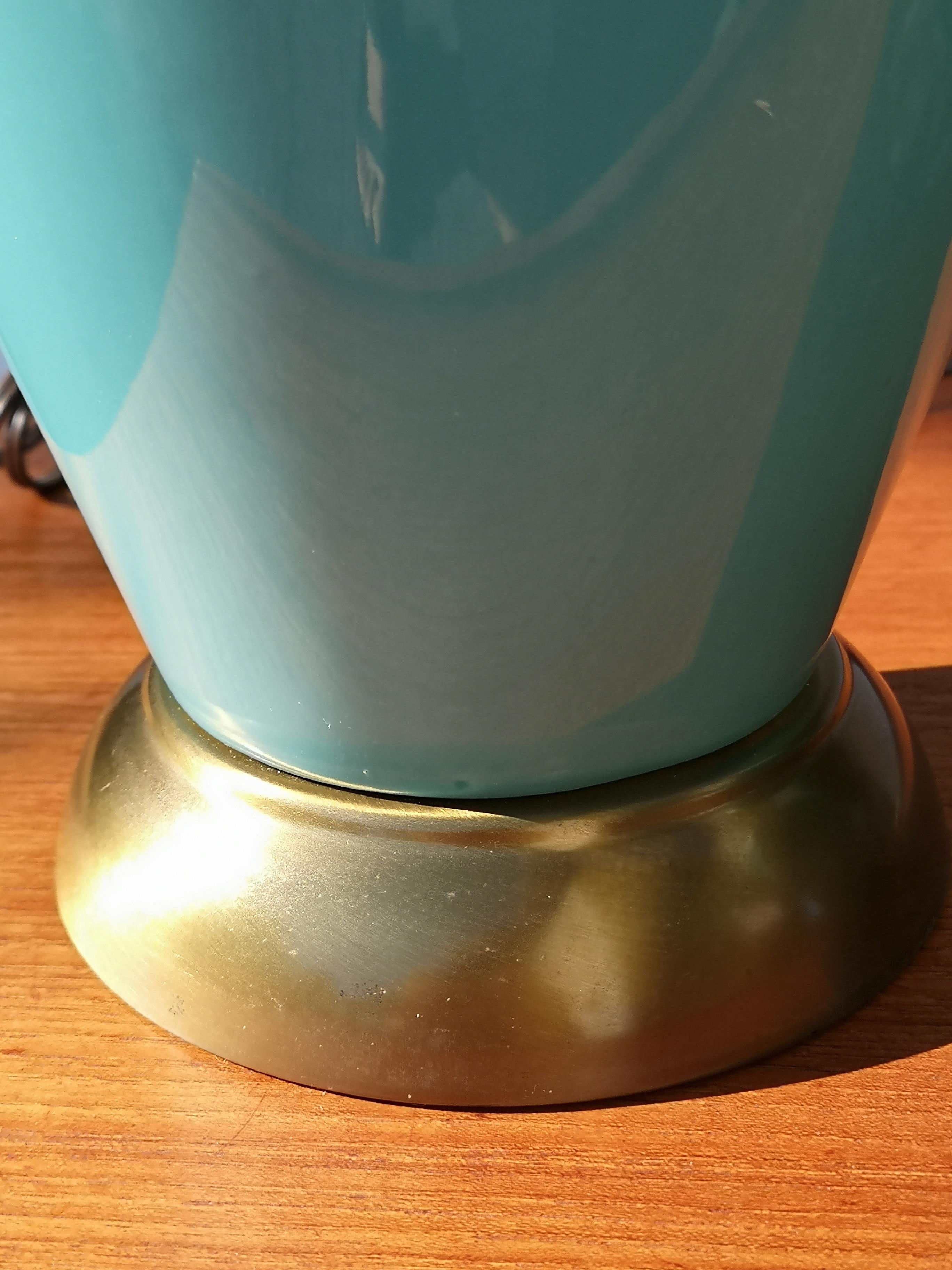 1960s Pair of Walnut and Turquoise Ceramic Drip Glaze Table Lamps For Sale 3