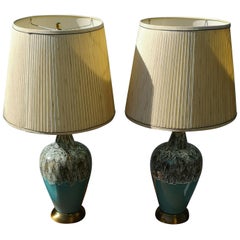 1960s Pair of Walnut and Turquoise Ceramic Drip Glaze Table Lamps