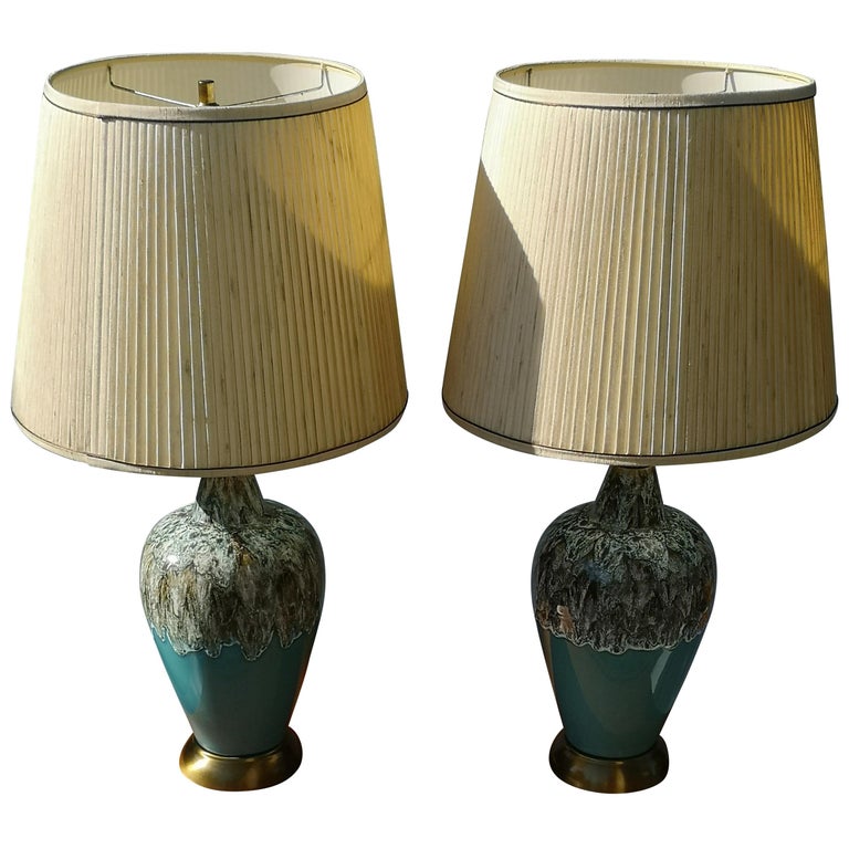 1960s Pair of Walnut and Turquoise Ceramic Drip Glaze Table Lamps For