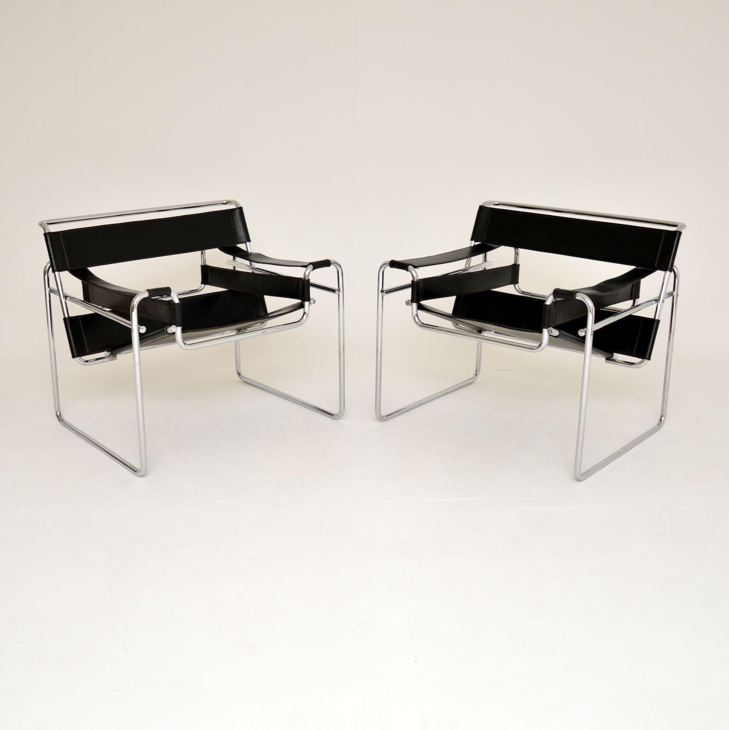 An iconic and extremely stylish pair of genuine Wassily chairs, originally designed by Marcel Breuer in 1925. These were made in Italy under licence by Gavina, they date from the 1960-70’s.

The quality is evident, these are much better than the