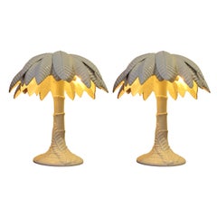 1960’s Pair of White Glaze Ceramic Palm Tree Table Lamps, Italian
