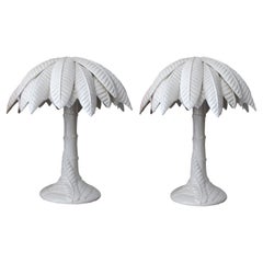 1960’s Pair of White Glaze Ceramic Palm Tree Table Lamps, Italian