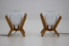 1960s Pair of Wooden Bedside Table Lamps, Czechoslovakia