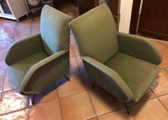 1960's Pair Original Italian Green Velvet Armchairs Vintage