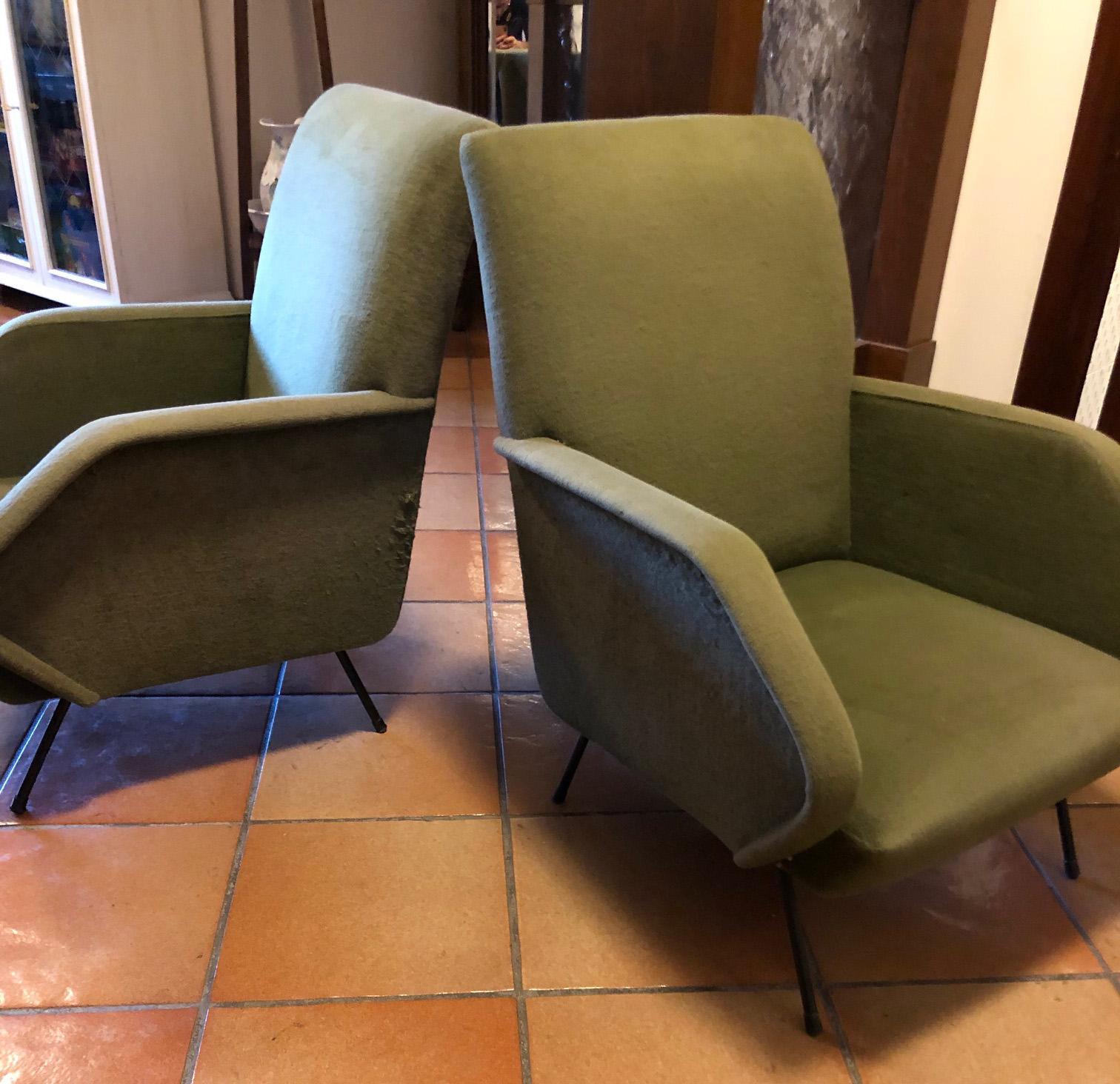Mid-20th Century 1960's Pair Original Italian Green Velvet Armchairs Vintage